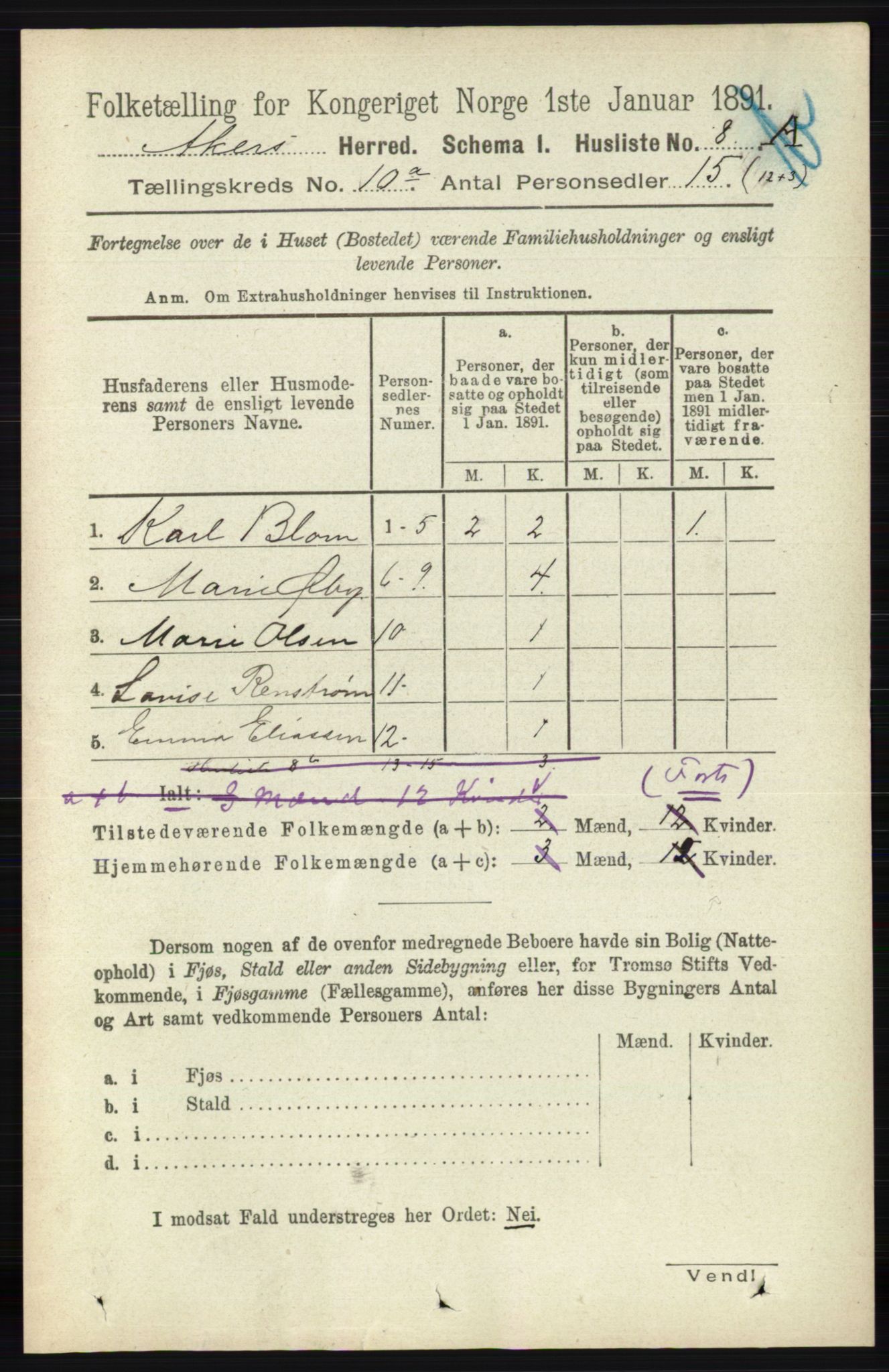 RA, 1891 census for 0218 Aker, 1891, p. 8816