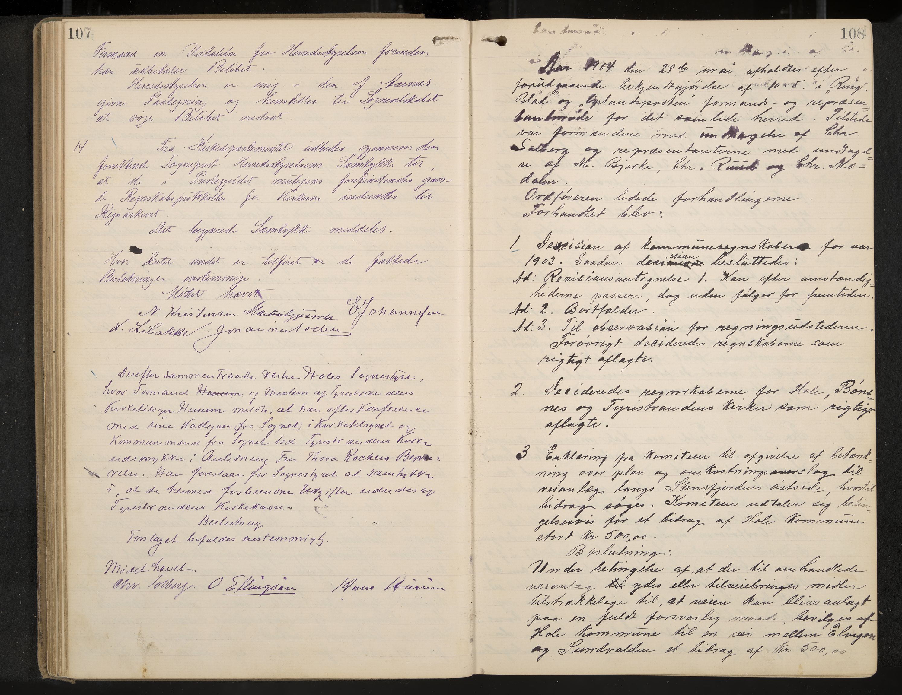 Hole formannskap og sentraladministrasjon, IKAK/0612021-1/A/Aa/L0004: Møtebok med register, 1902-1910, p. 107-108