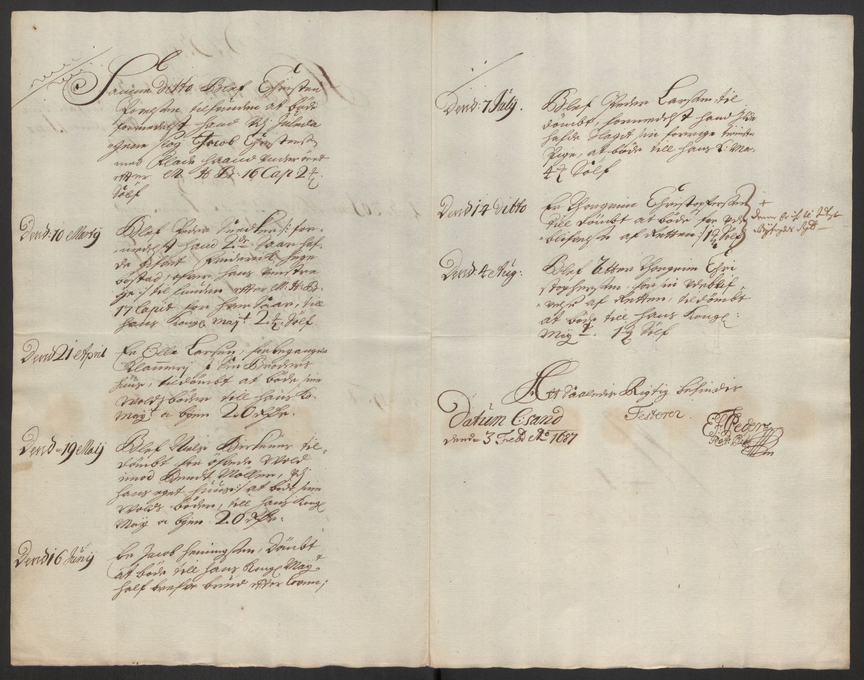 Rentekammeret inntil 1814, Reviderte regnskaper, Byregnskaper, AV/RA-EA-4066/R/Rm/L0285: [M18] Sikt og sakefall, 1681-1718, p. 74