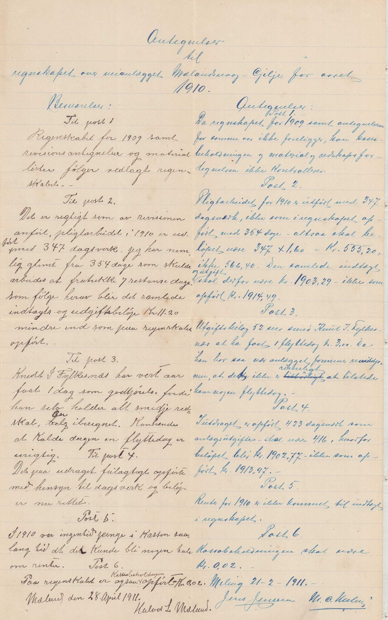 Finnaas kommune. Formannskapet, IKAH/1218a-021/E/Ea/L0001/0005: Rekneskap for veganlegg / Rekneskap for veganlegget Mælandsvåg - Gilje, 1907-1910, p. 47