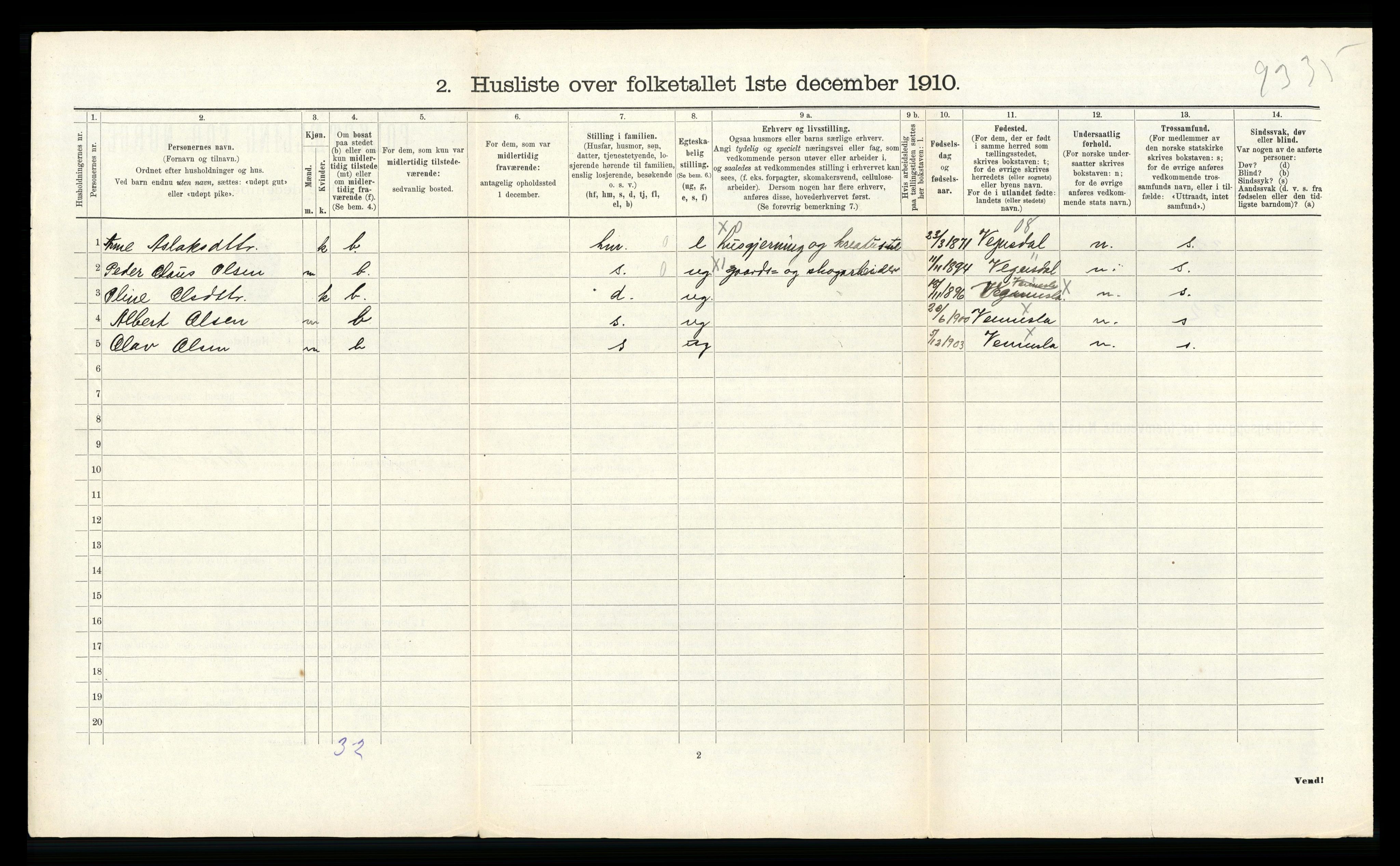 RA, 1910 census for Vennesla, 1910, p. 705