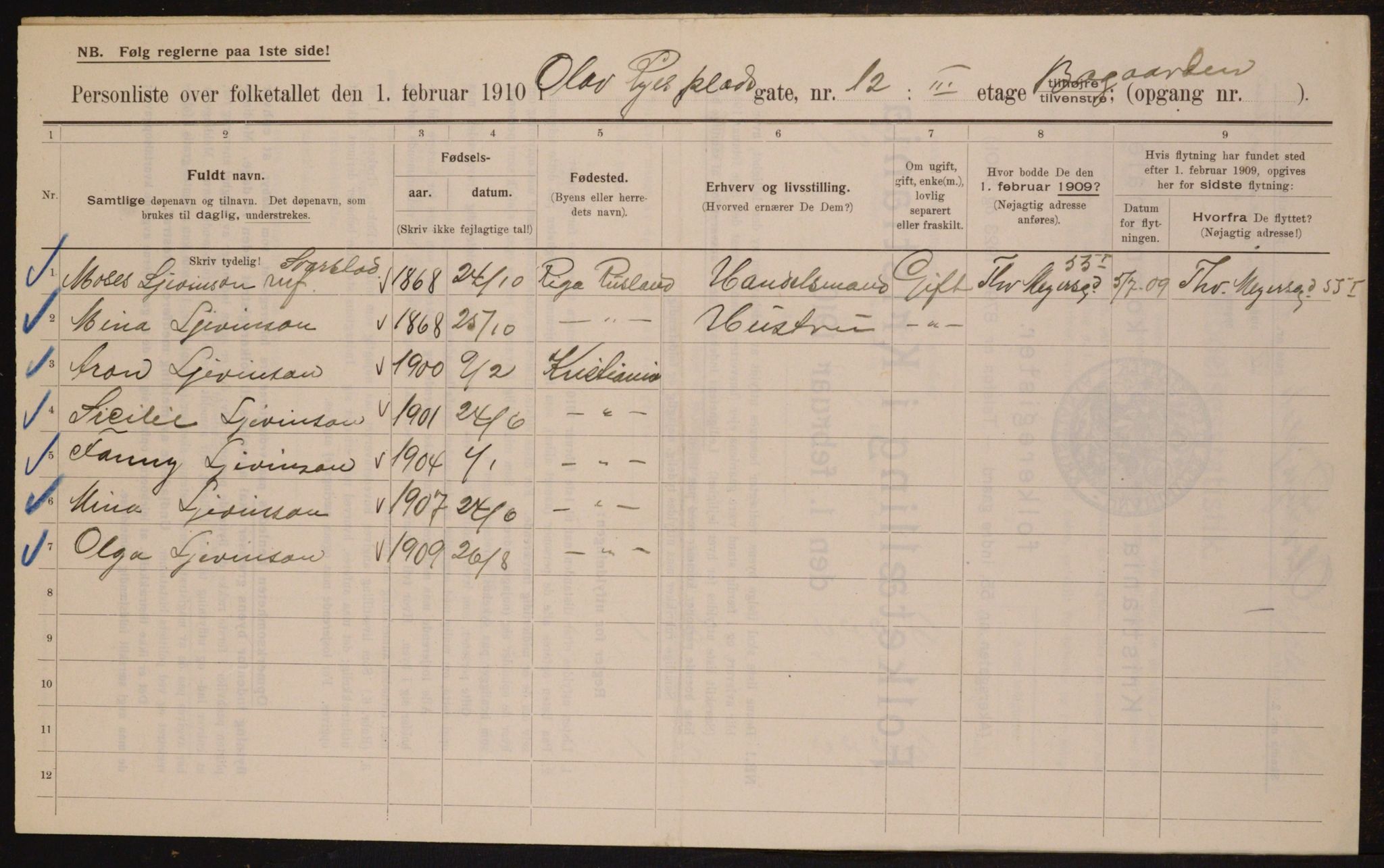 OBA, Municipal Census 1910 for Kristiania, 1910, p. 72618