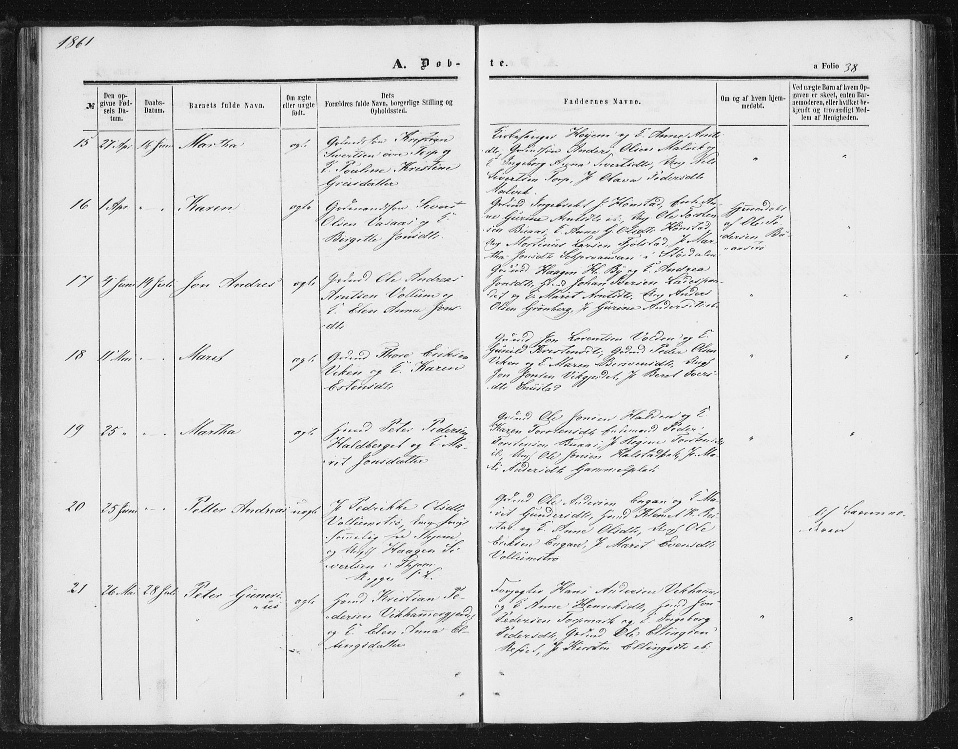 Ministerialprotokoller, klokkerbøker og fødselsregistre - Sør-Trøndelag, AV/SAT-A-1456/616/L0408: Parish register (official) no. 616A05, 1857-1865, p. 38