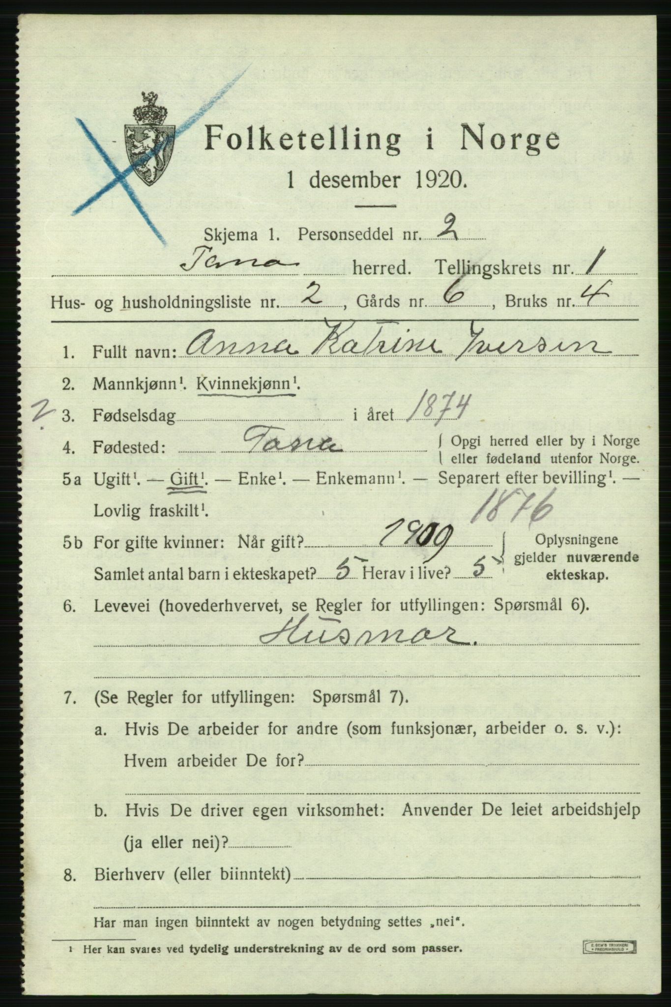 SATØ, 1920 census for Tana, 1920, p. 592