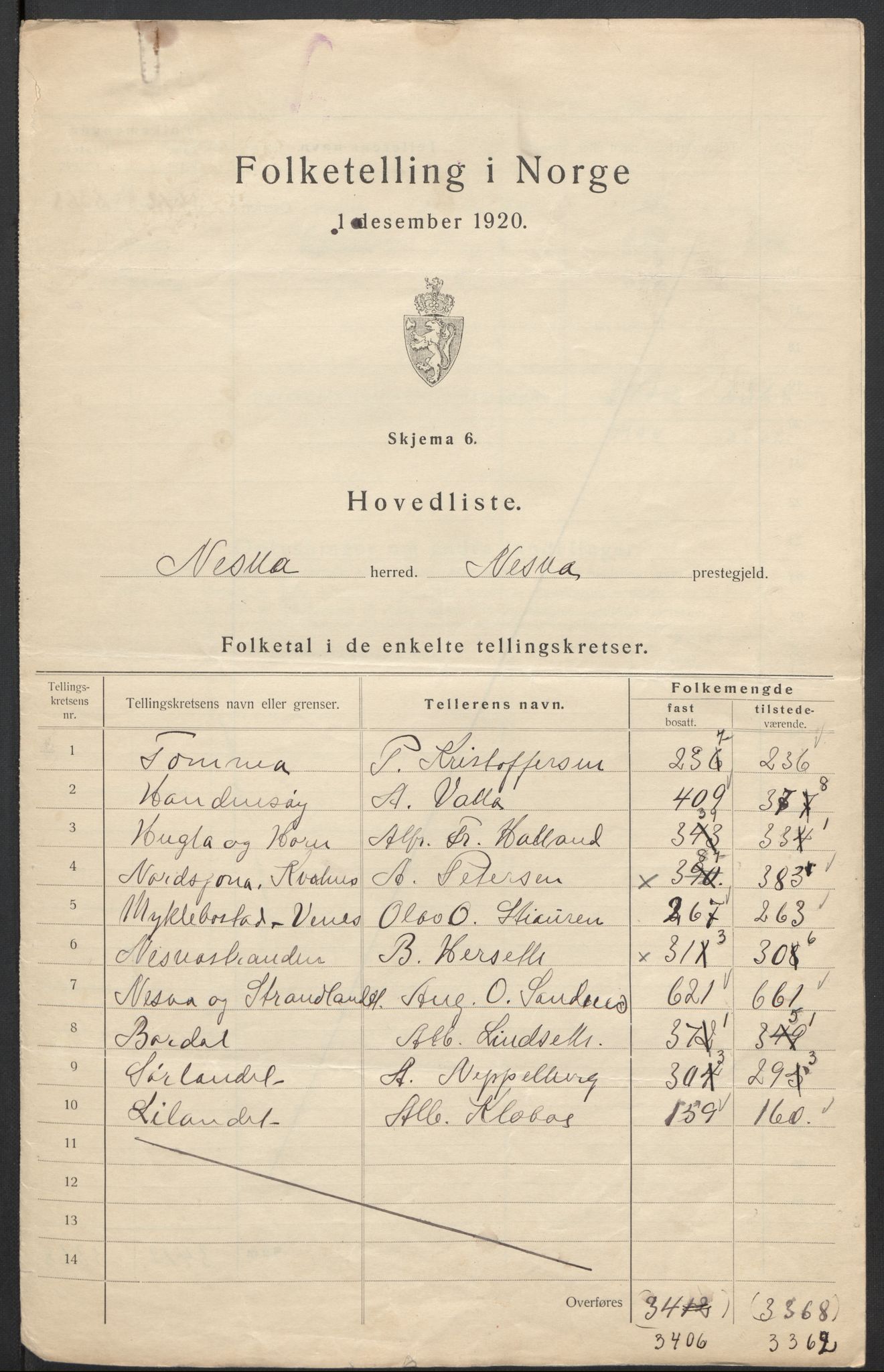 SAT, 1920 census for Nesna, 1920, p. 3