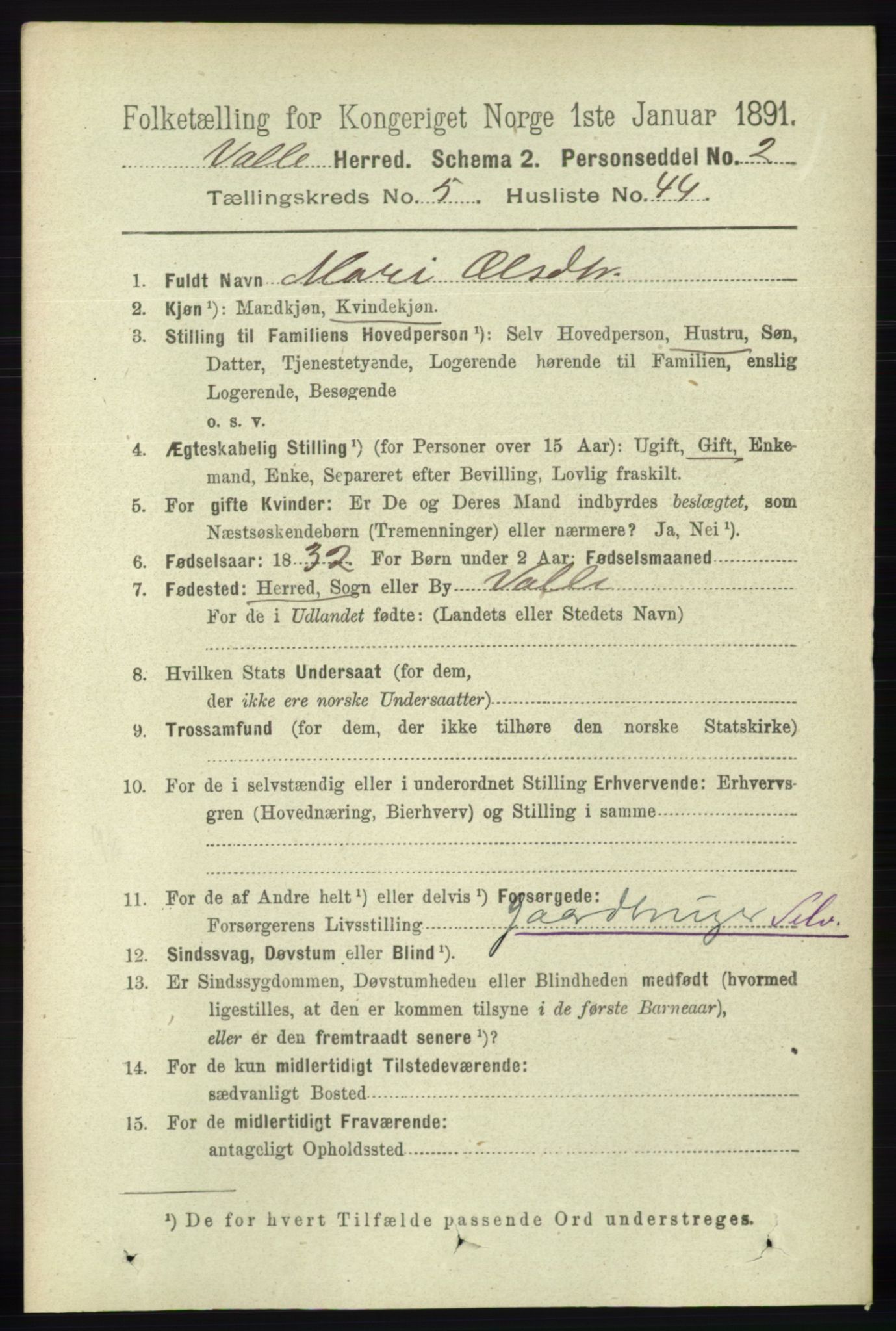 RA, 1891 census for 0940 Valle, 1891, p. 1628