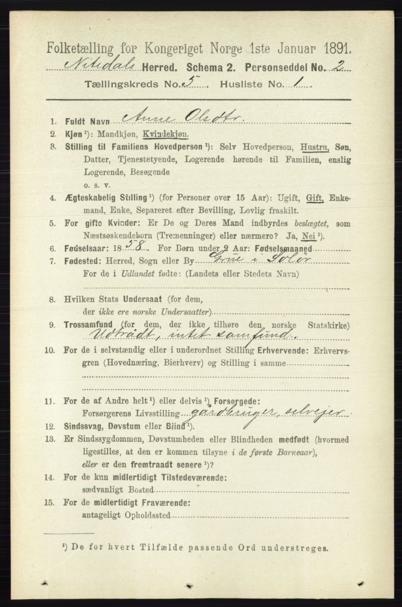 RA, 1891 census for 0233 Nittedal, 1891, p. 2185