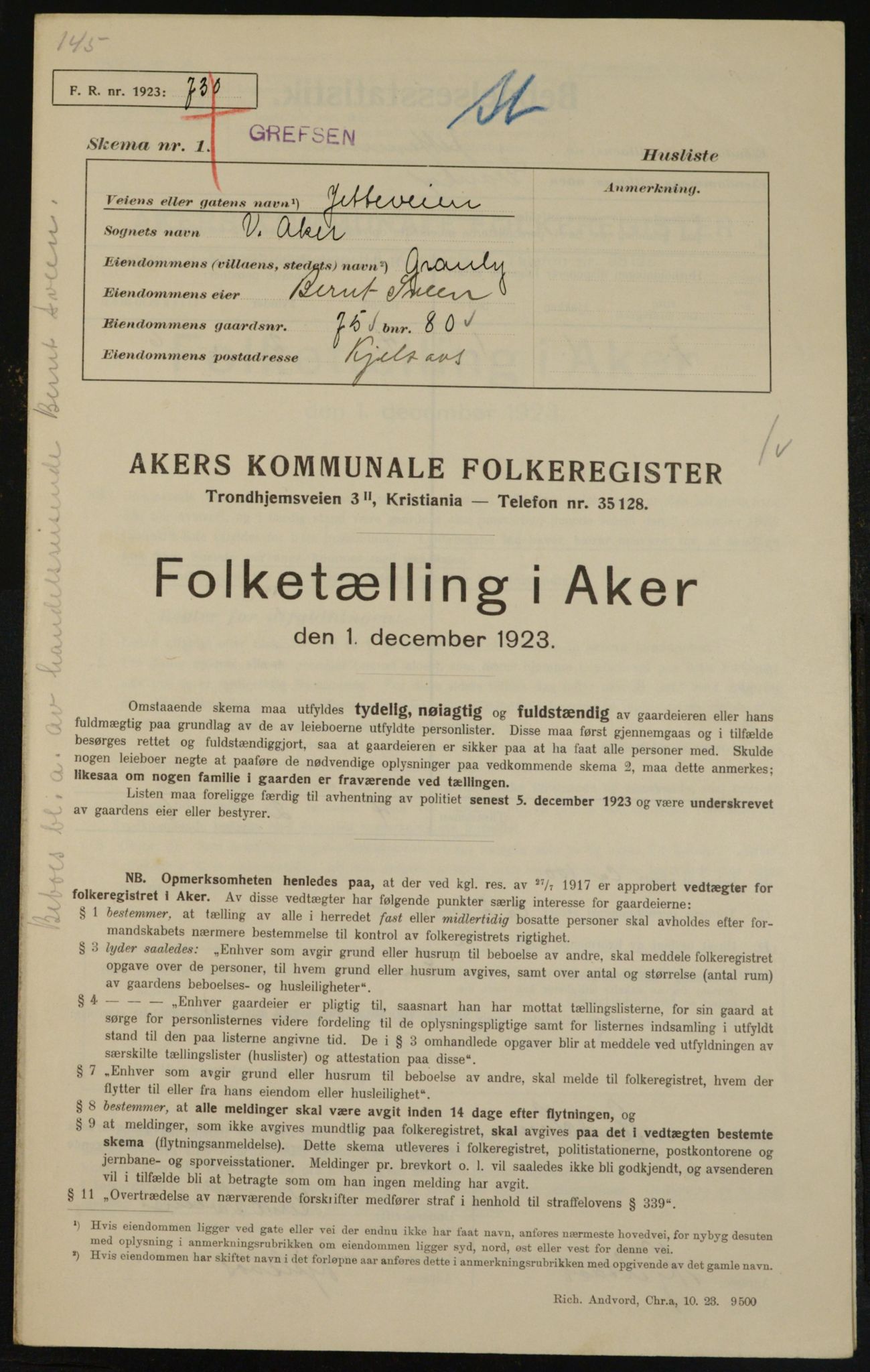 , Municipal Census 1923 for Aker, 1923, p. 11865