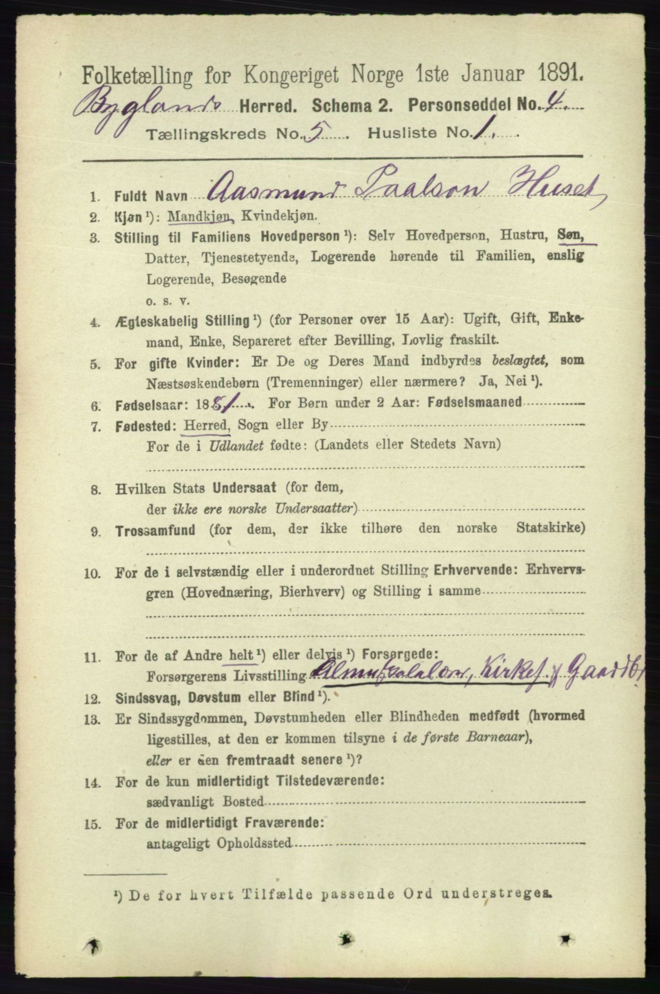 RA, 1891 census for 0938 Bygland, 1891, p. 1053