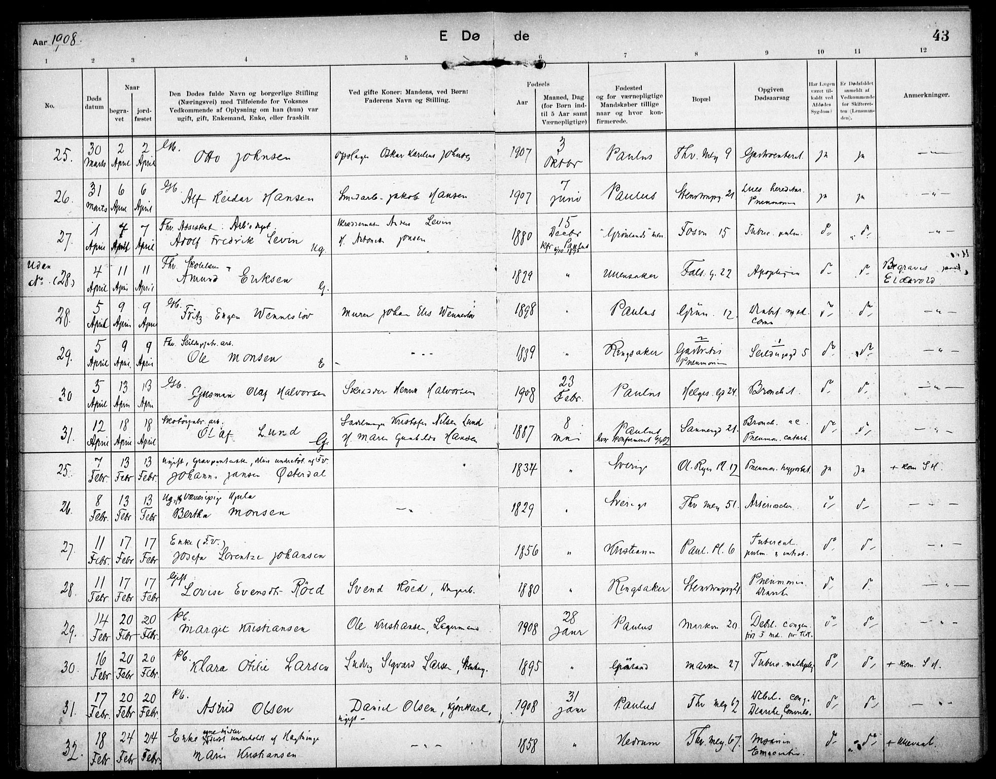 Paulus prestekontor Kirkebøker, AV/SAO-A-10871/F/Fa/L0018: Parish register (official) no. 18, 1906-1915, p. 43