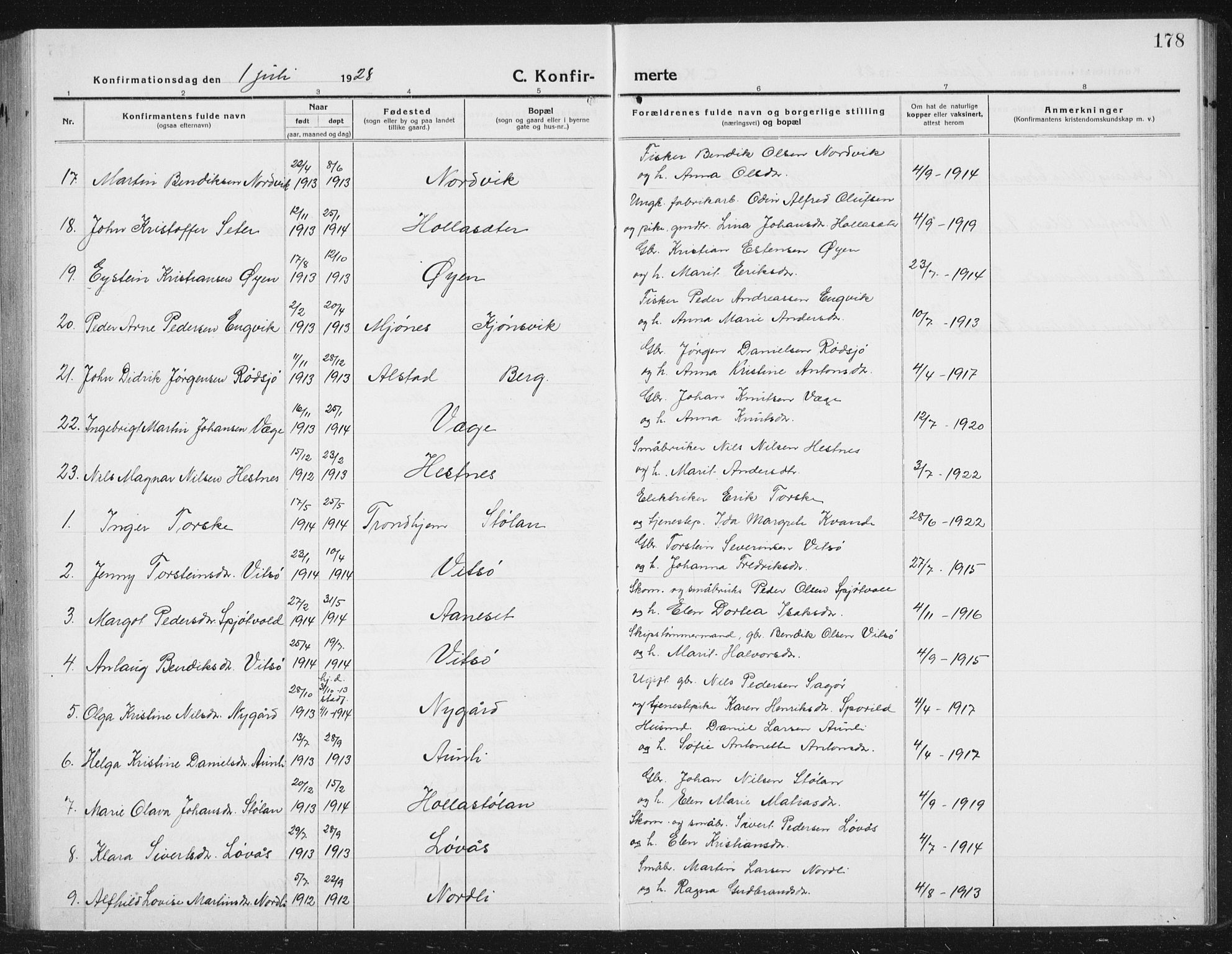 Ministerialprotokoller, klokkerbøker og fødselsregistre - Sør-Trøndelag, SAT/A-1456/630/L0506: Parish register (copy) no. 630C04, 1914-1933, p. 178