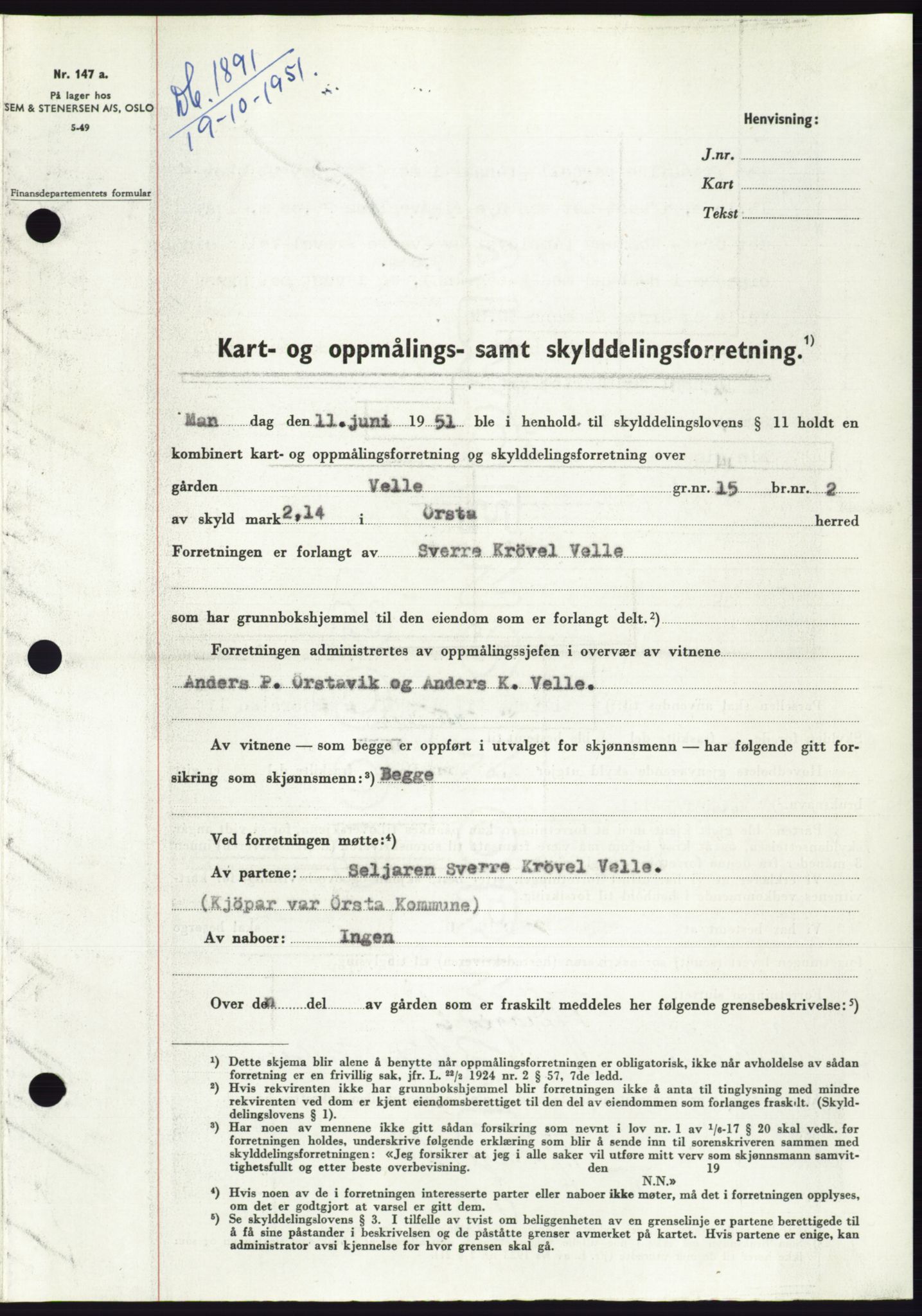 Søre Sunnmøre sorenskriveri, AV/SAT-A-4122/1/2/2C/L0090: Mortgage book no. 16A, 1951-1951, Diary no: : 1891/1951