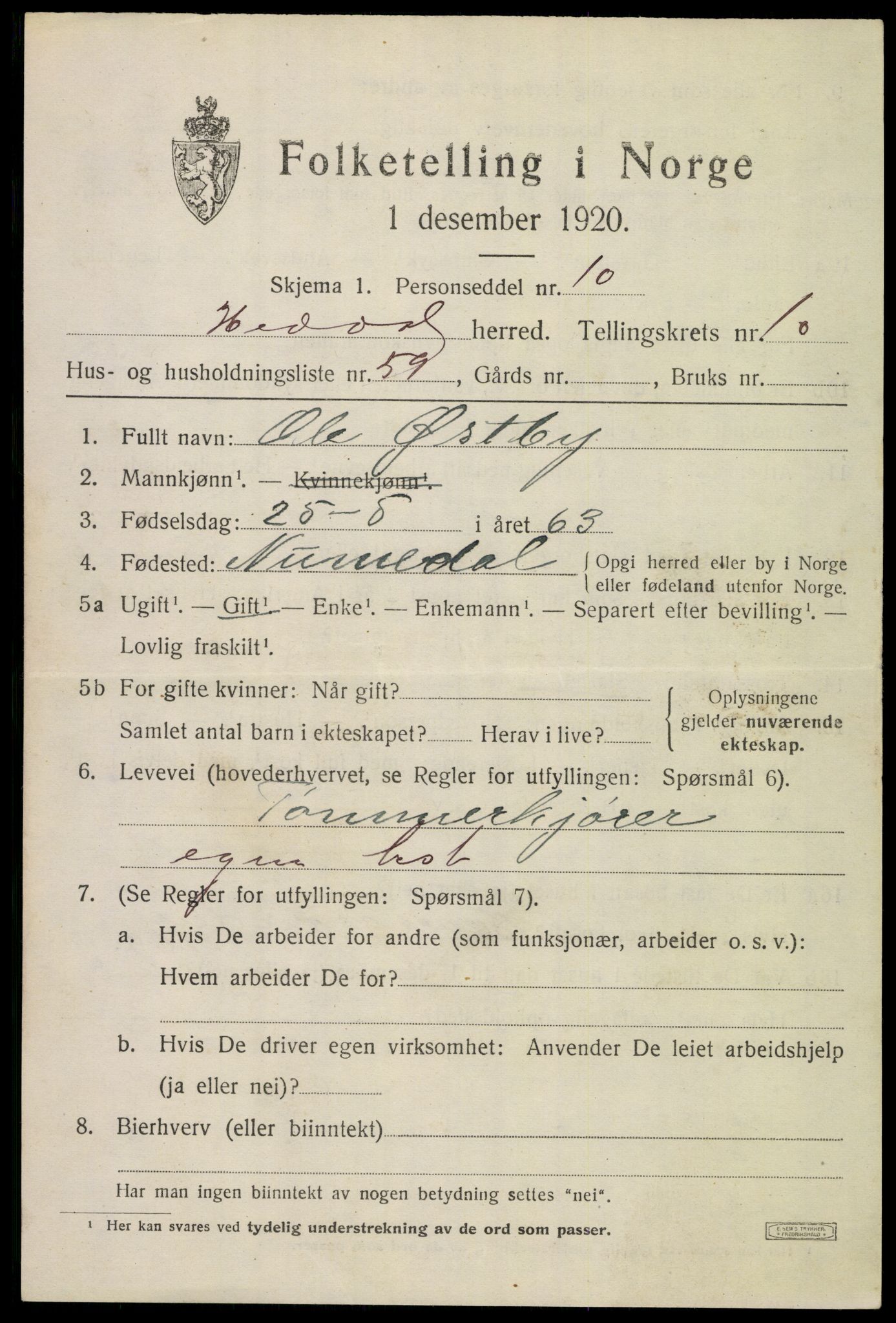 SAKO, 1920 census for Heddal, 1920, p. 7736