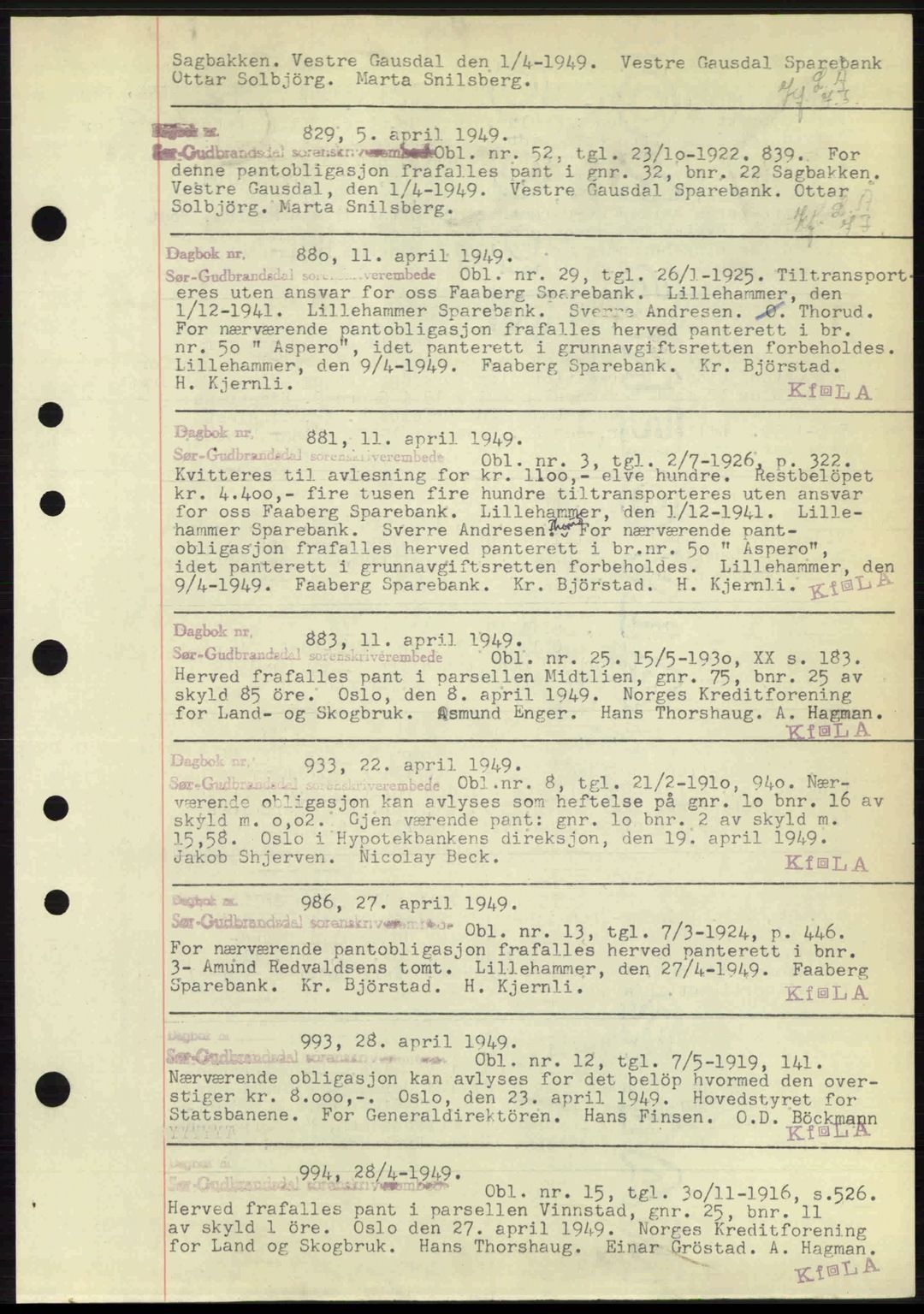 Sør-Gudbrandsdal tingrett, SAH/TING-004/H/Hb/Hbf/L0004: Mortgage book no. C5b, 1945-1951, Diary no: : 829/1949