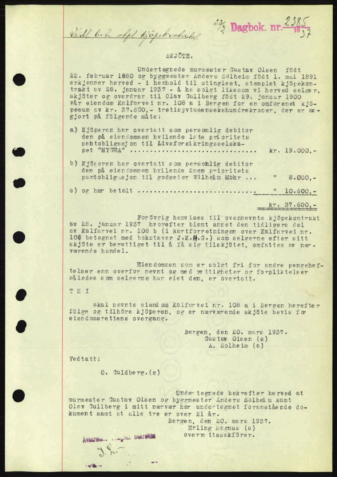 Byfogd og Byskriver i Bergen, SAB/A-3401/03/03Bc/L0004: Mortgage book no. A3-4, 1936-1937, Diary no: : 2385/1937