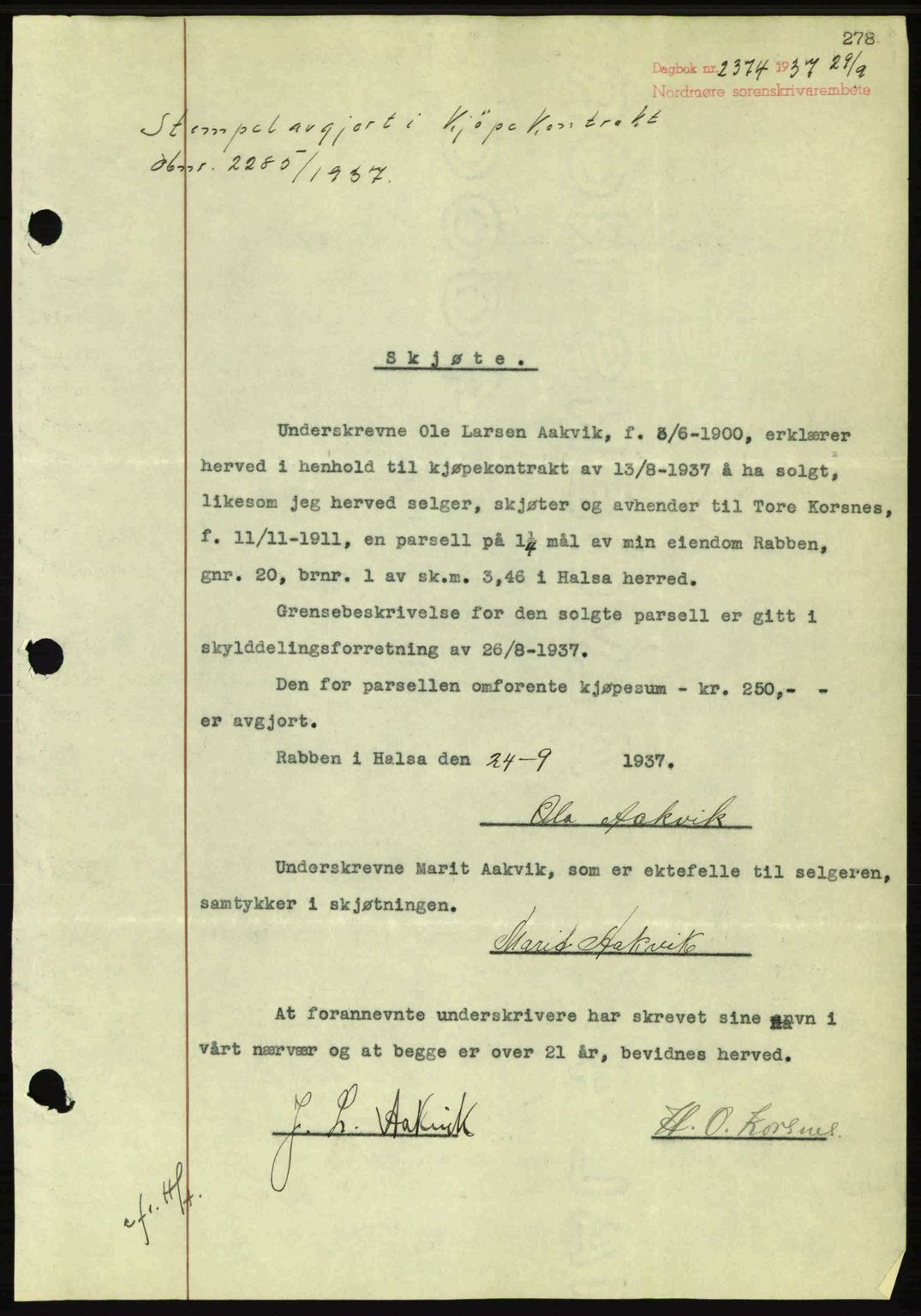 Nordmøre sorenskriveri, SAT/A-4132/1/2/2Ca: Mortgage book no. A82, 1937-1938, Diary no: : 2374/1937