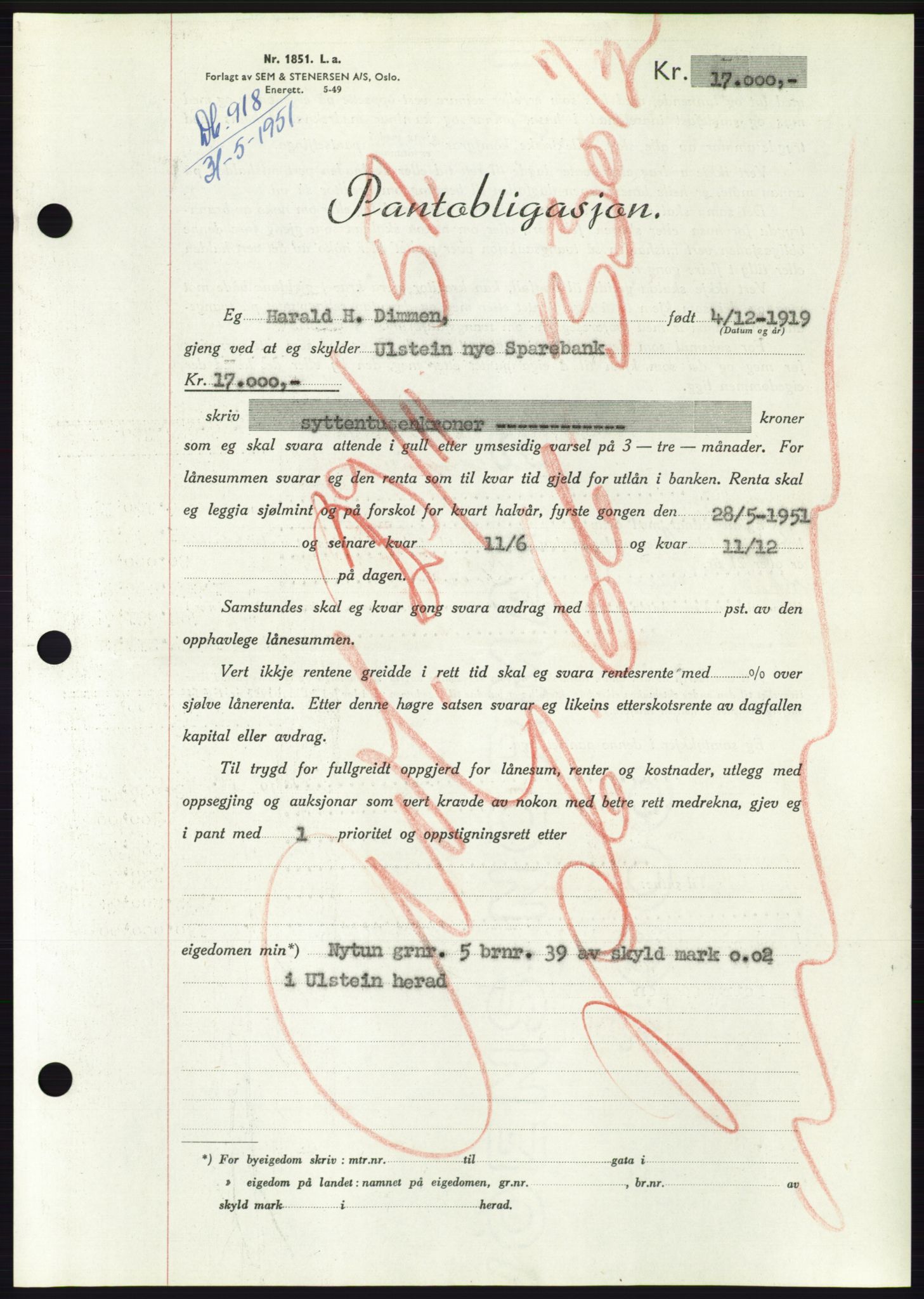 Søre Sunnmøre sorenskriveri, AV/SAT-A-4122/1/2/2C/L0120: Mortgage book no. 8B, 1951-1951, Diary no: : 918/1951