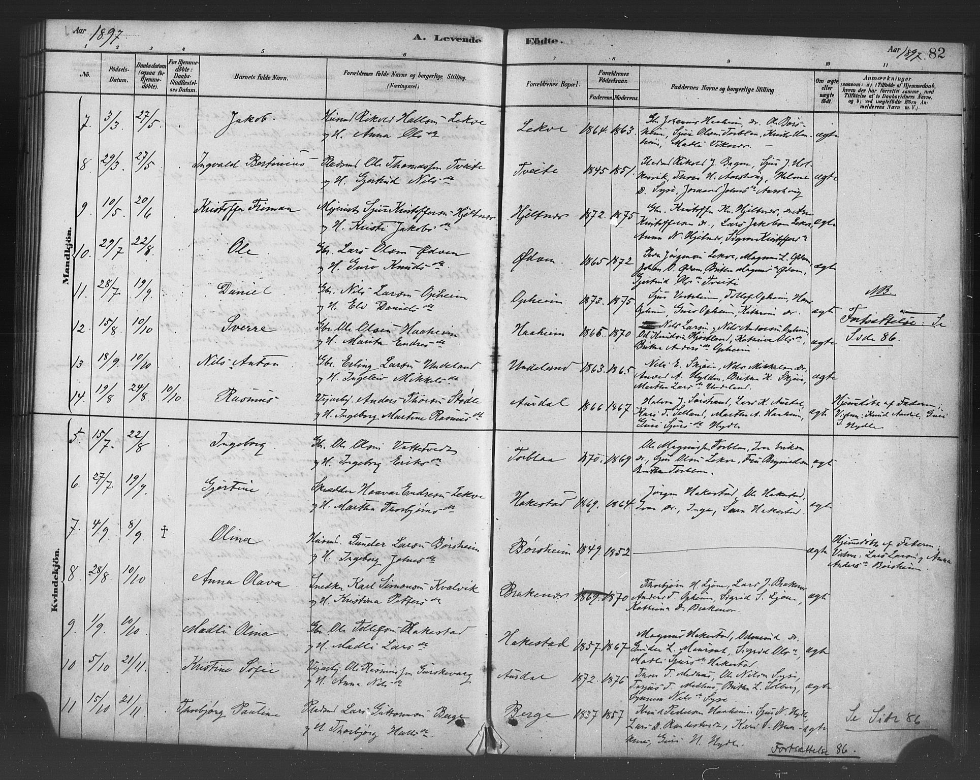 Ulvik sokneprestembete, SAB/A-78801/H/Haa: Parish register (official) no. B 1, 1878-1897, p. 82