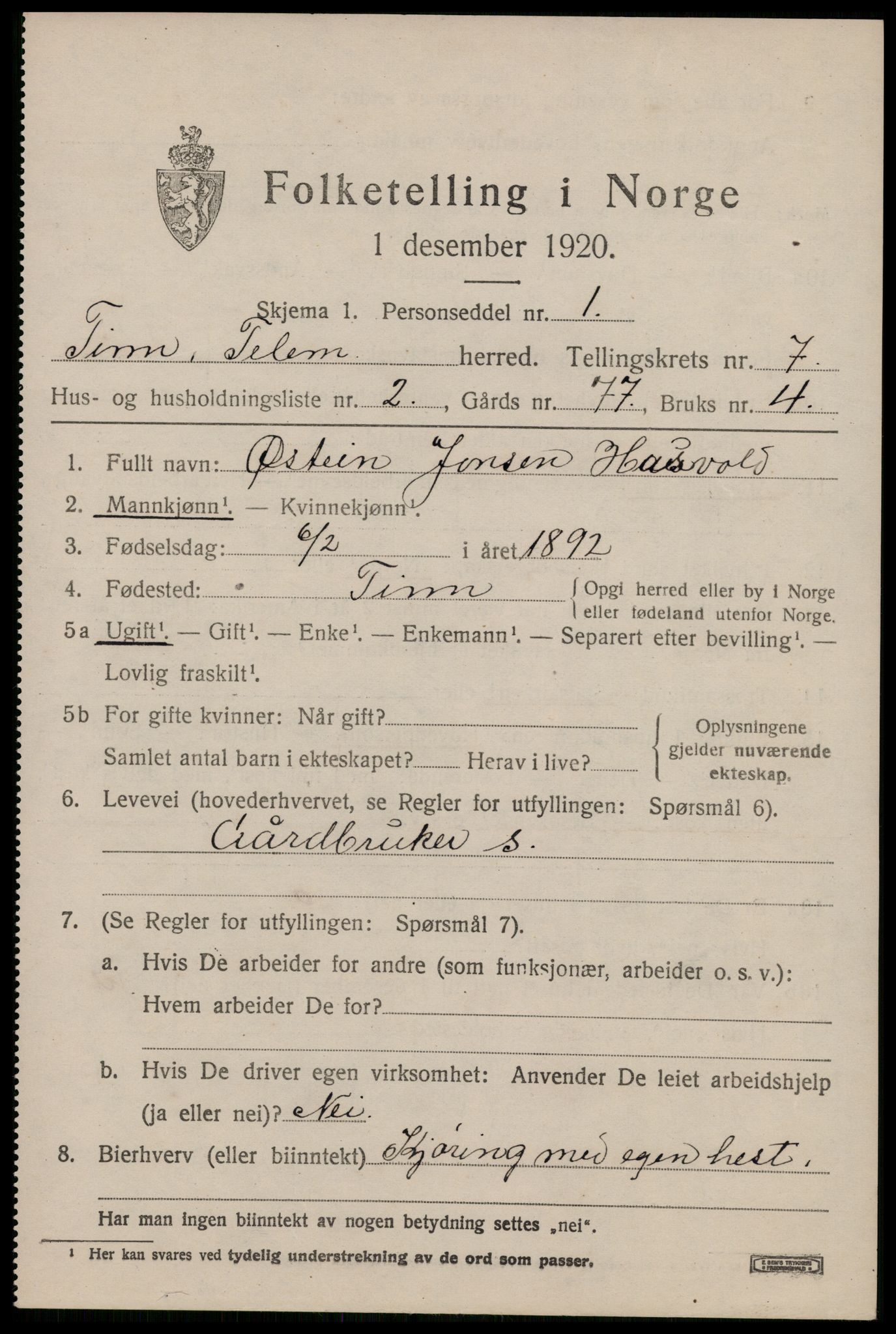 SAKO, 1920 census for Tinn, 1920, p. 4866