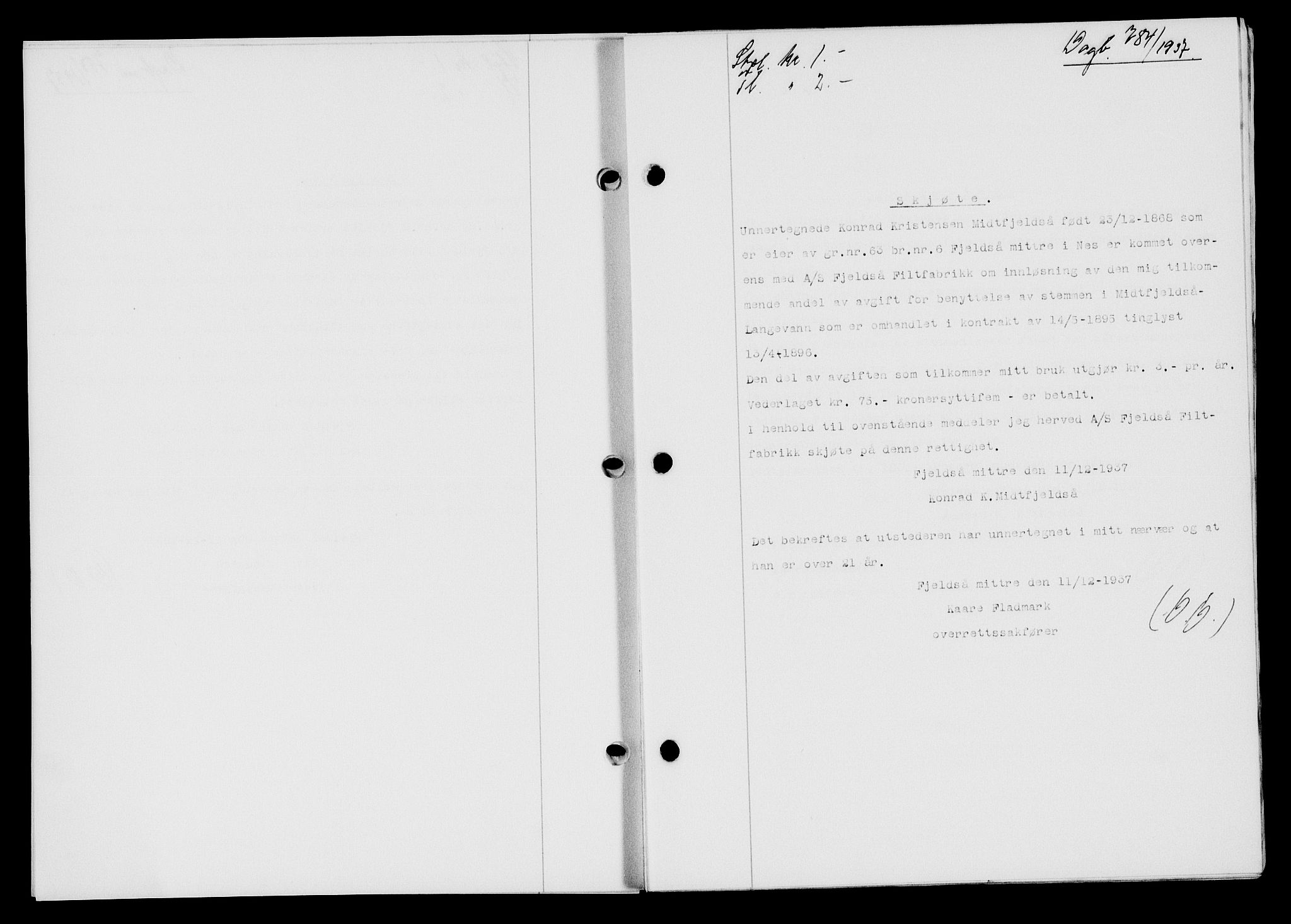 Flekkefjord sorenskriveri, SAK/1221-0001/G/Gb/Gba/L0054: Mortgage book no. A-2, 1937-1938, Diary no: : 784/1937