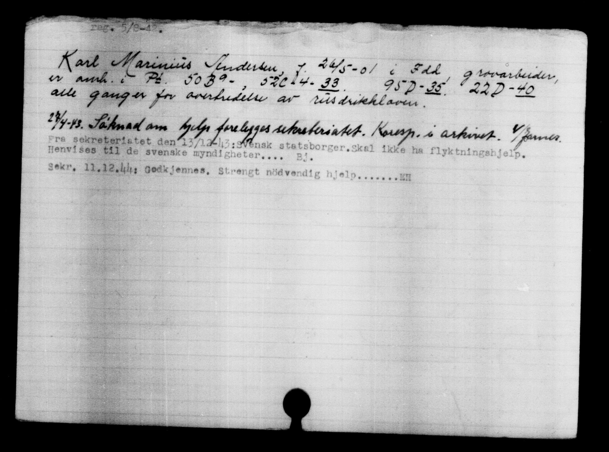 Utenriksstasjonene, Legasjonen i Stockholm, Flyktningkontoret, AV/RA-S-6753/V/Va/L0004: Kjesäterkartoteket, flyktninger med registreringsnr. 3496-6610, 1940-1945, p. 1286