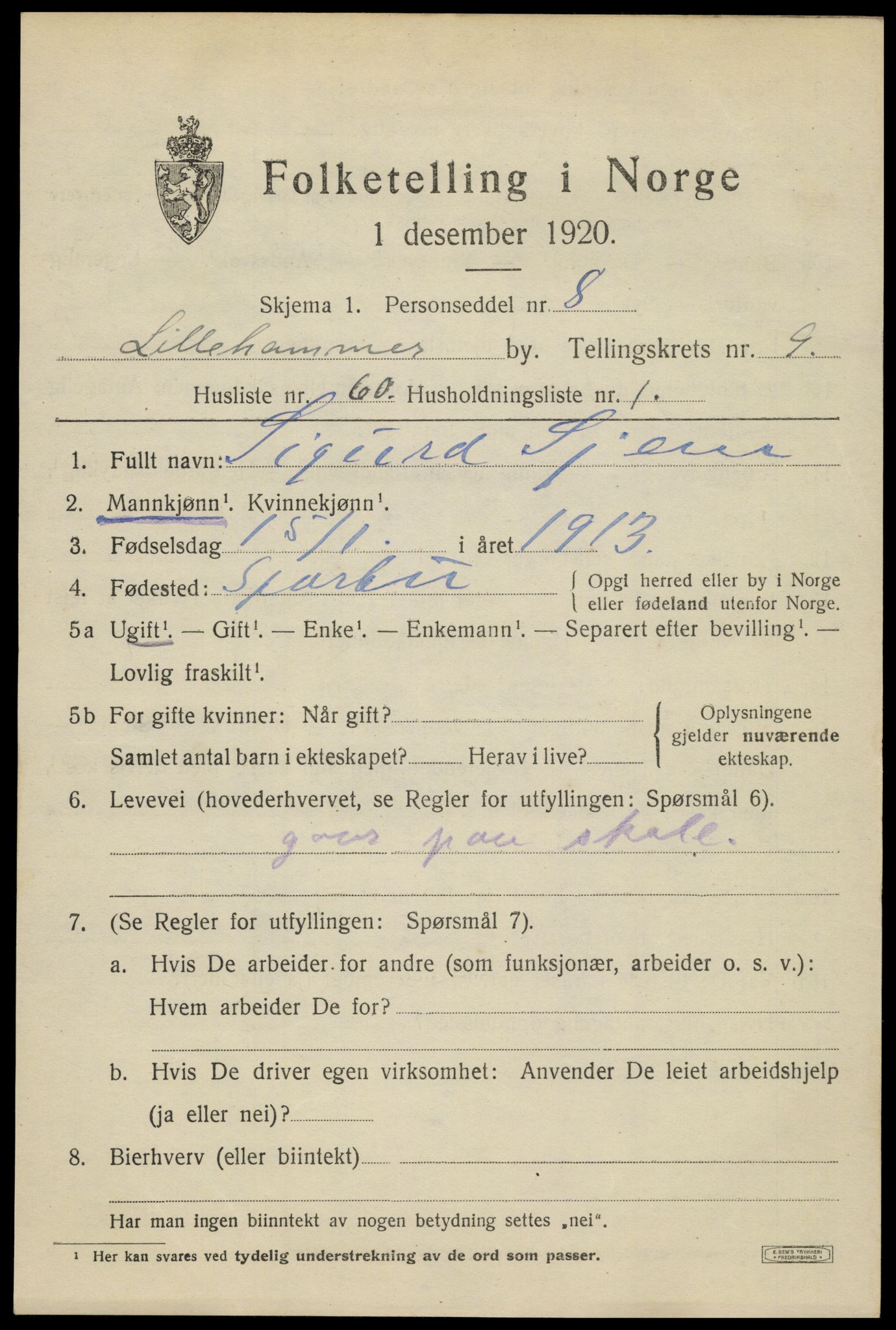 SAH, 1920 census for Lillehammer, 1920, p. 12516