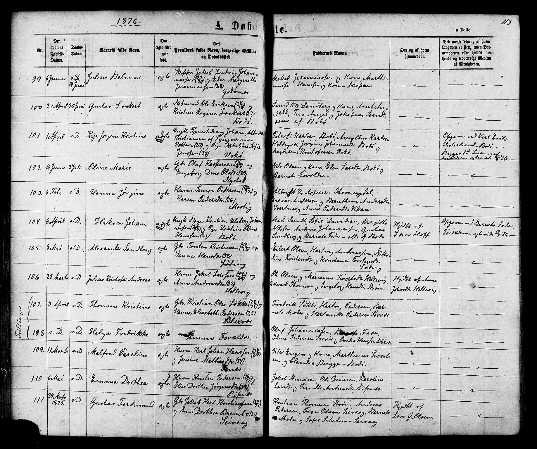 Ministerialprotokoller, klokkerbøker og fødselsregistre - Nordland, AV/SAT-A-1459/801/L0029: Parish register (copy) no. 801C04, 1868-1878, p. 113