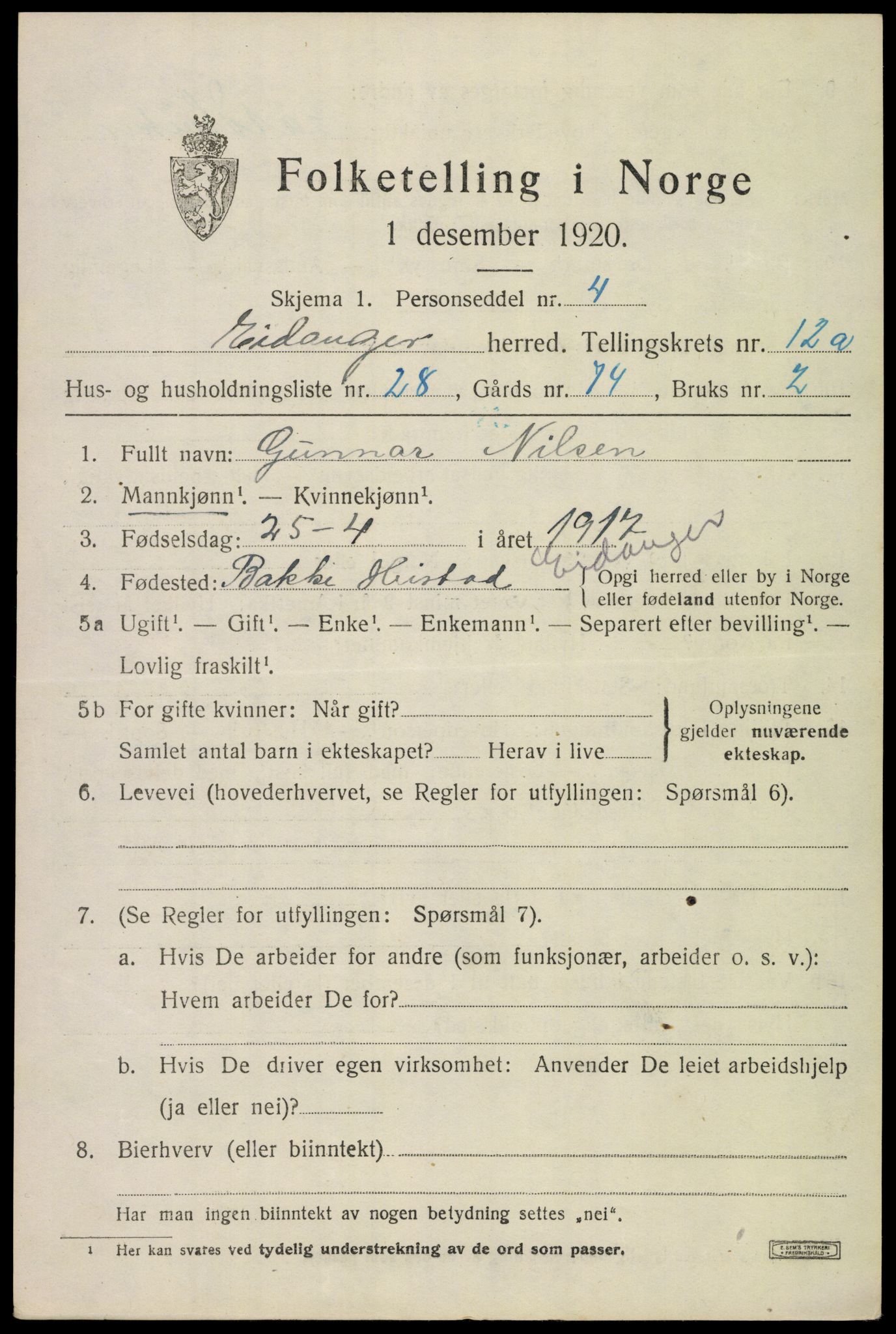 SAKO, 1920 census for Eidanger, 1920, p. 7492
