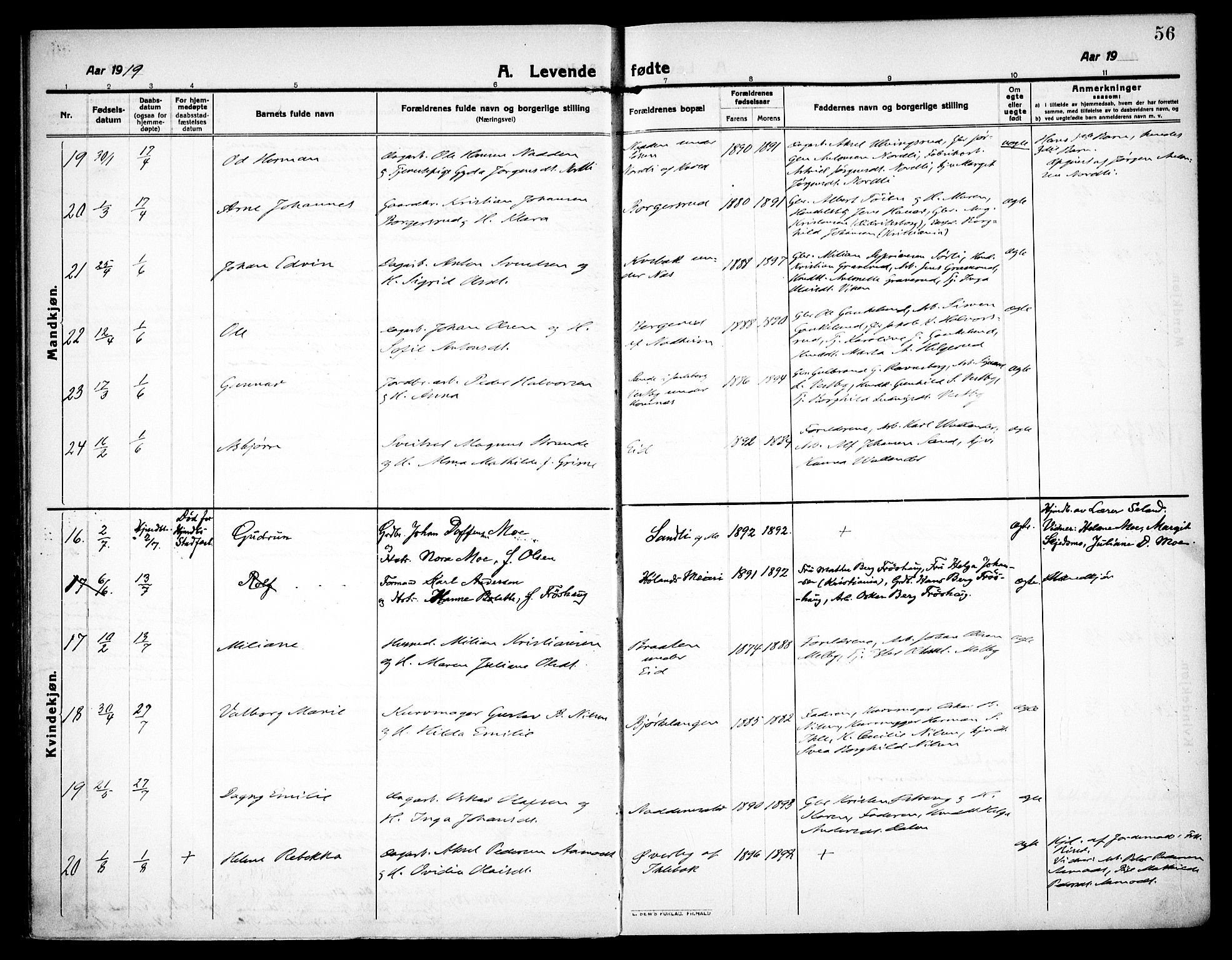 Høland prestekontor Kirkebøker, SAO/A-10346a/F/Fa/L0016: Parish register (official) no. I 16, 1912-1921, p. 56
