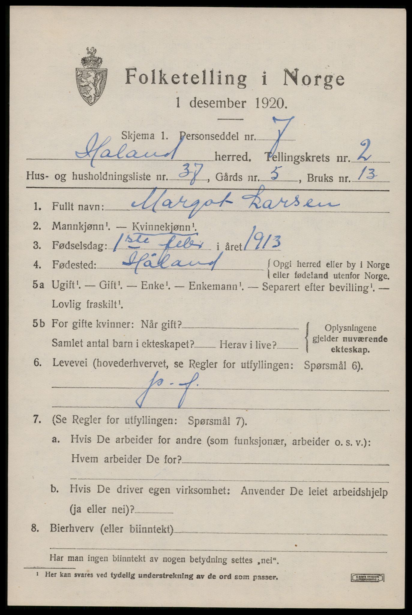 SAST, 1920 census for Håland, 1920, p. 3005