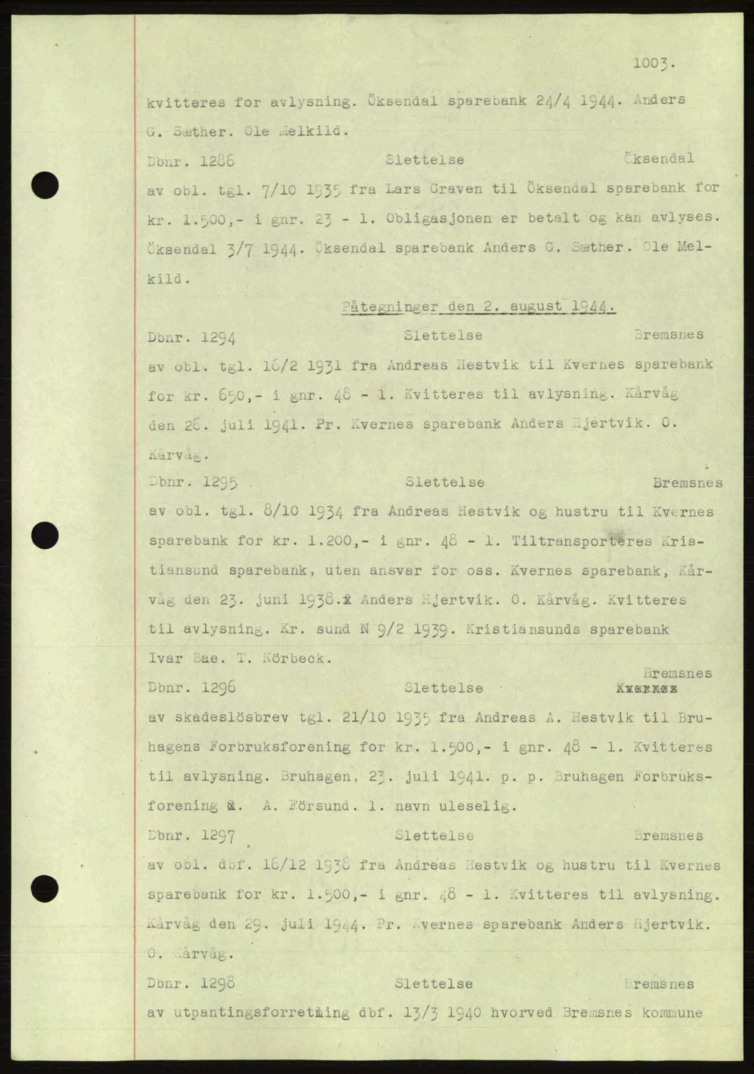 Nordmøre sorenskriveri, AV/SAT-A-4132/1/2/2Ca: Mortgage book no. C81, 1940-1945, Diary no: : 1286/1944