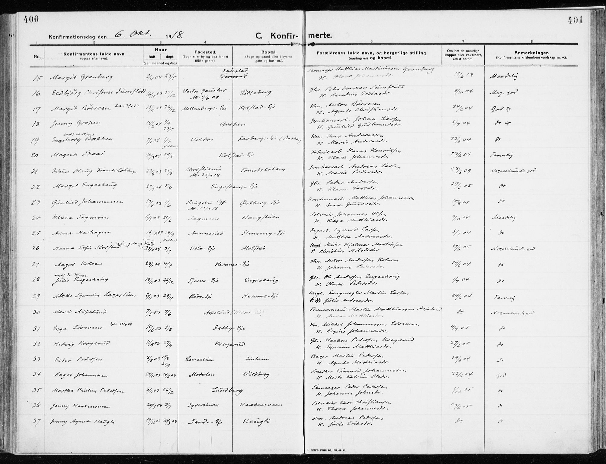 Ringsaker prestekontor, AV/SAH-PREST-014/K/Ka/L0020: Parish register (official) no. 20, 1913-1922, p. 400-401