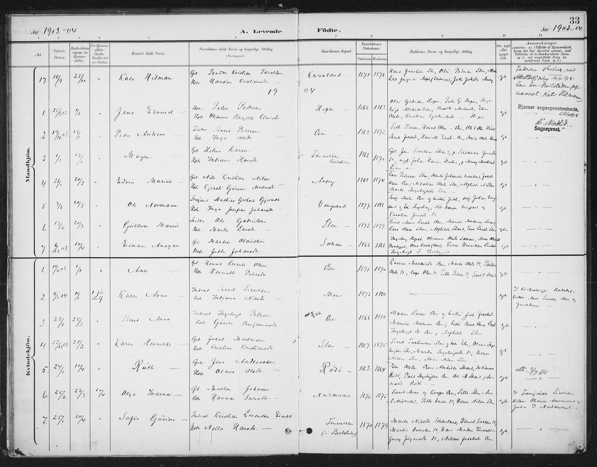 Ministerialprotokoller, klokkerbøker og fødselsregistre - Sør-Trøndelag, SAT/A-1456/658/L0723: Parish register (official) no. 658A02, 1897-1912, p. 33