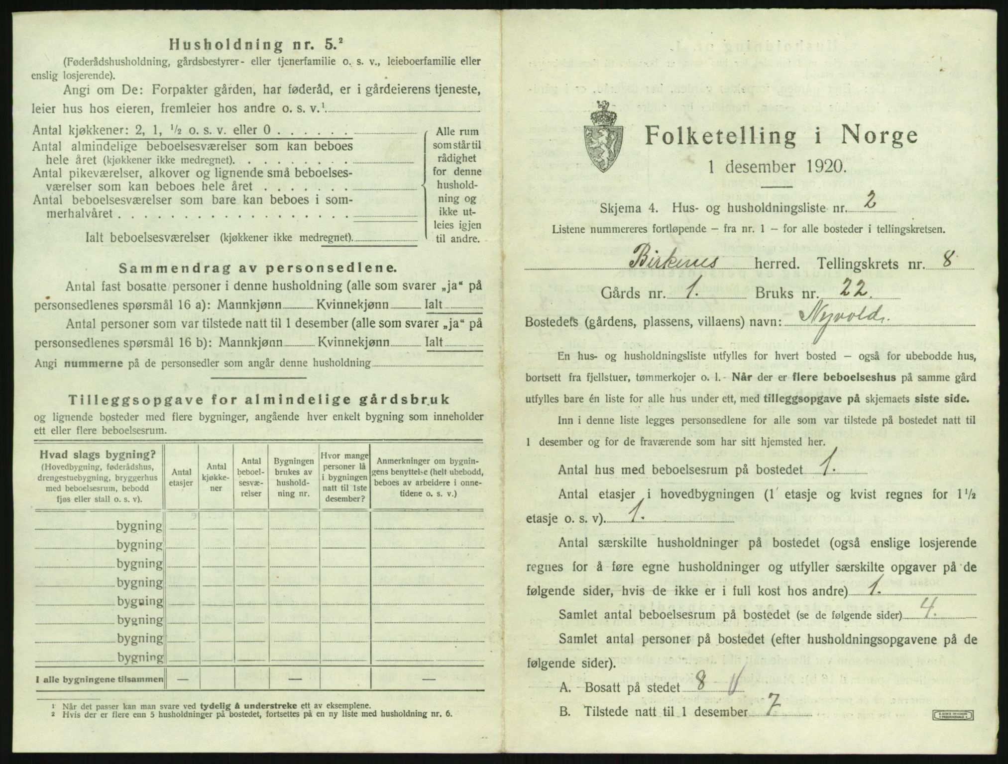 SAK, 1920 census for Birkenes, 1920, p. 659