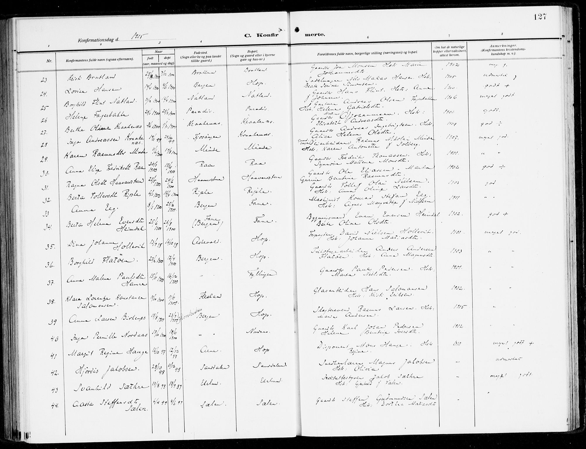 Fana Sokneprestembete, AV/SAB-A-75101/H/Haa/Haai/L0004: Parish register (official) no. I 4, 1912-1933, p. 127