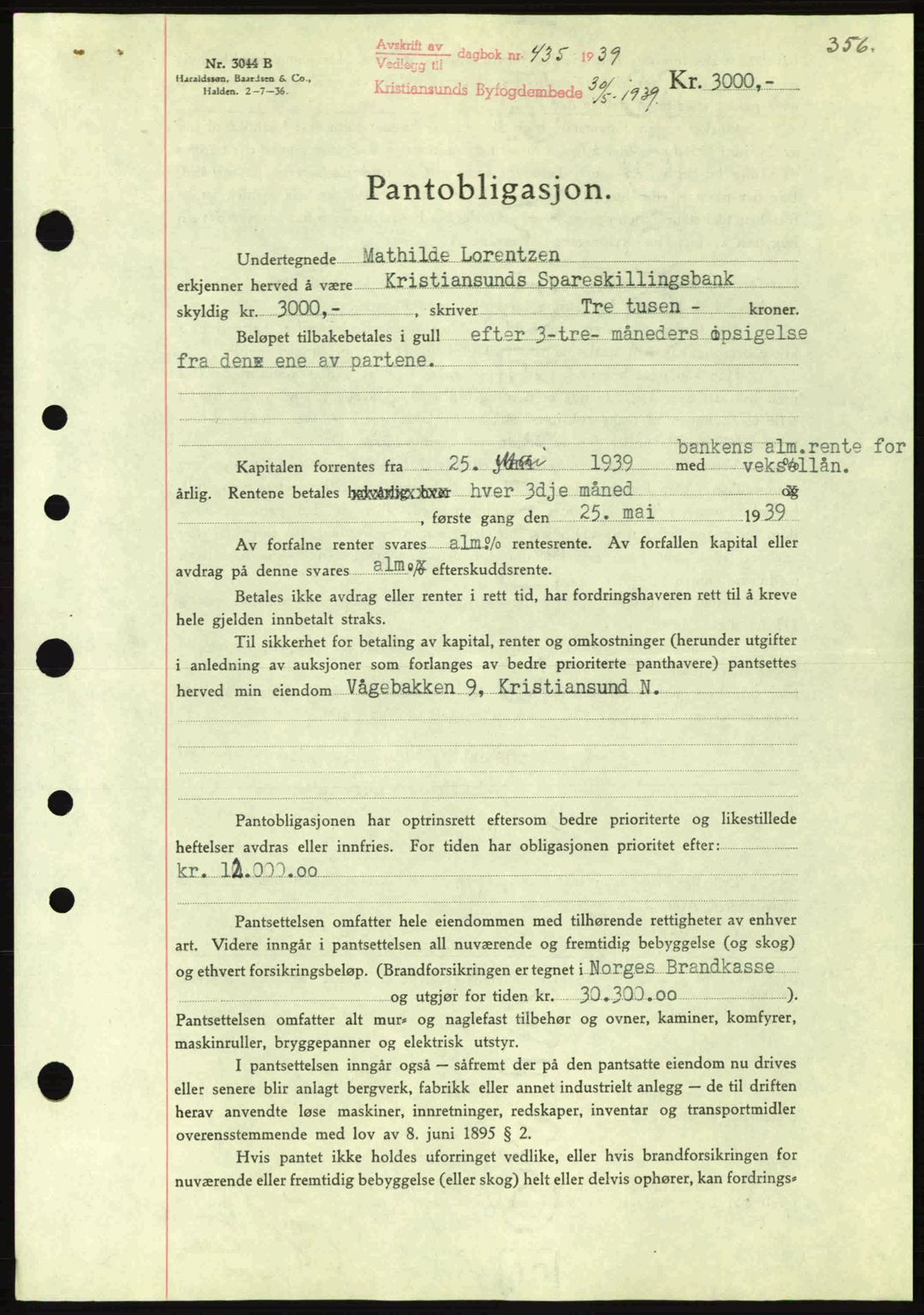 Kristiansund byfogd, SAT/A-4587/A/27: Mortgage book no. 31, 1938-1939, Diary no: : 435/1939
