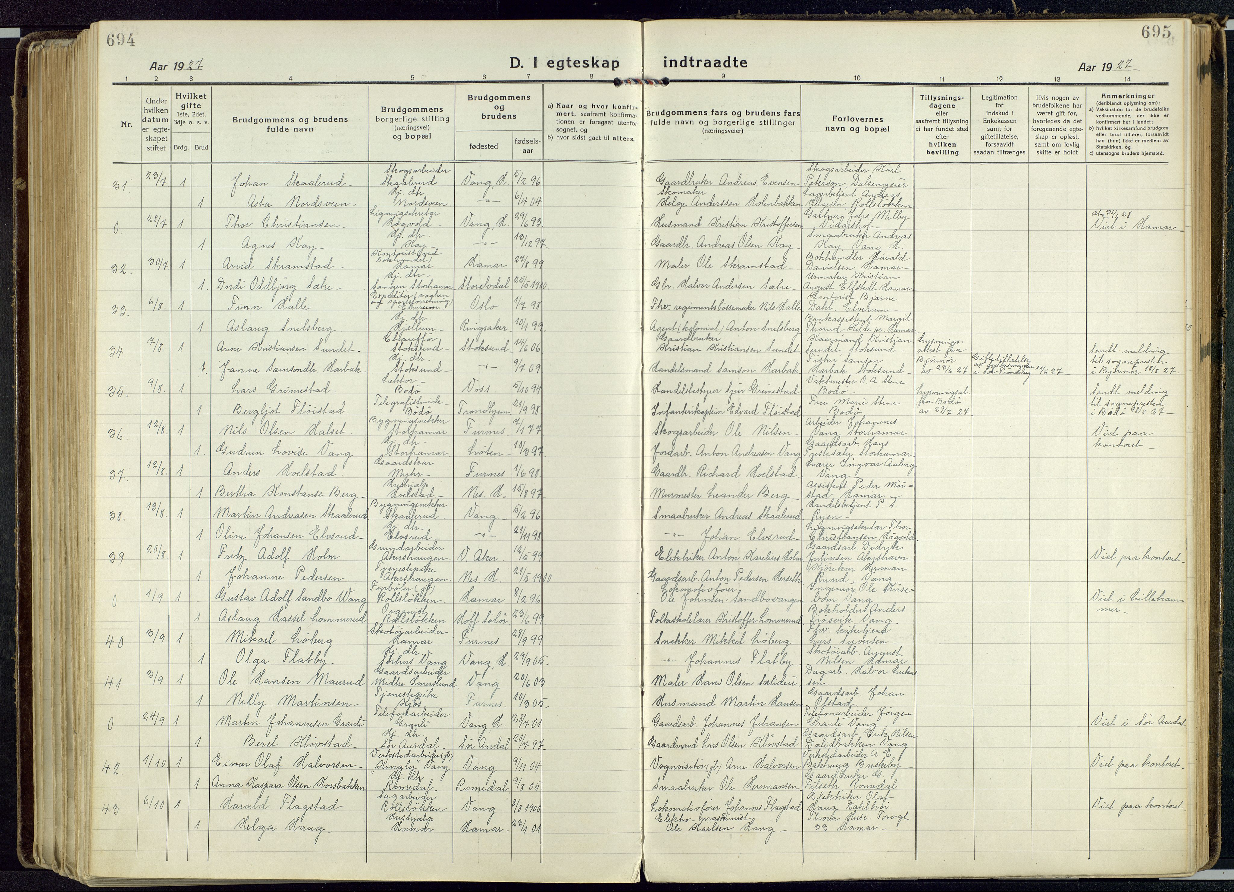 Vang prestekontor, Hedmark, AV/SAH-PREST-008/H/Ha/Haa/L0022: Parish register (official) no. 22, 1918-1944, p. 694-695