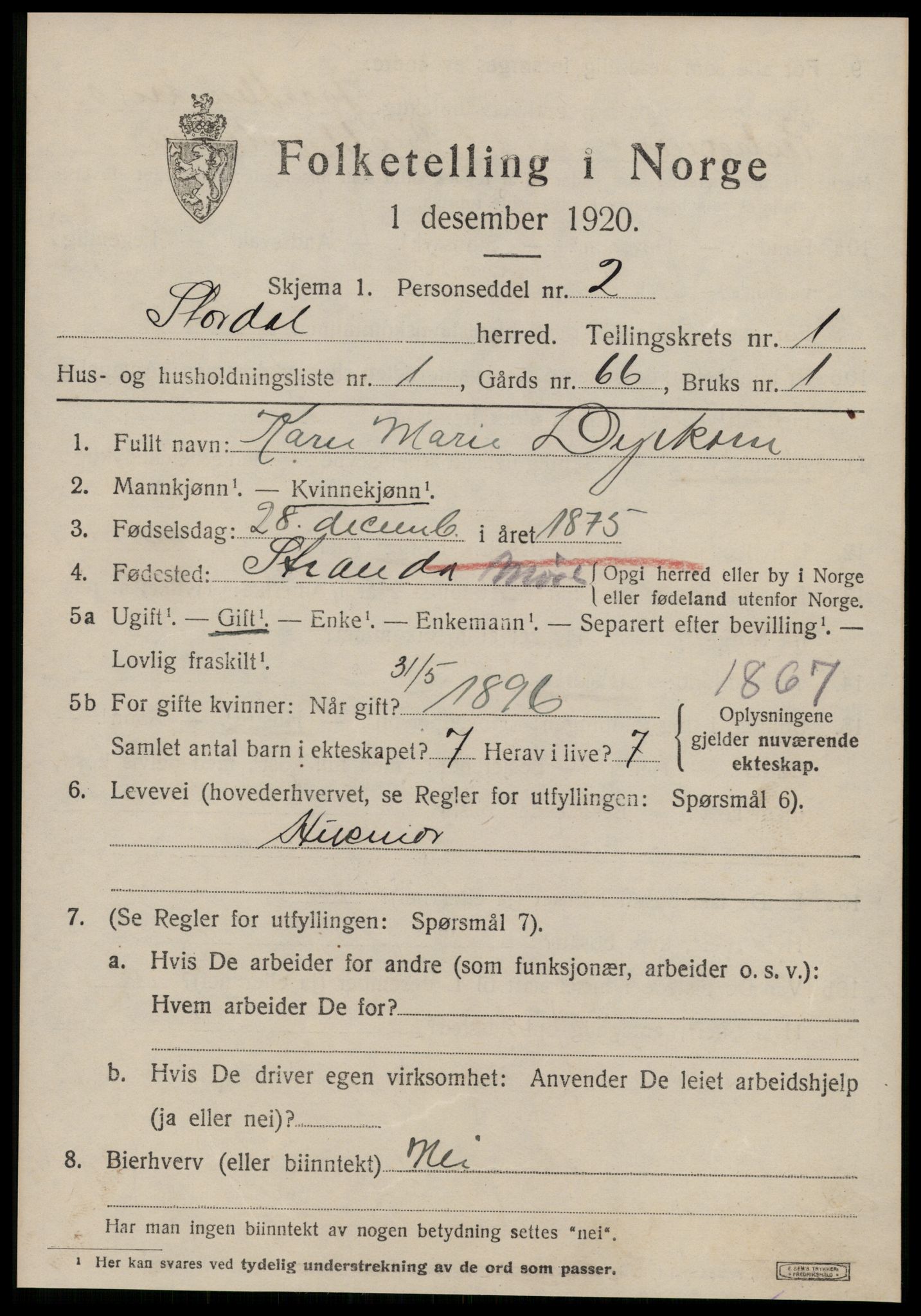 SAT, 1920 census for Stordal, 1920, p. 364