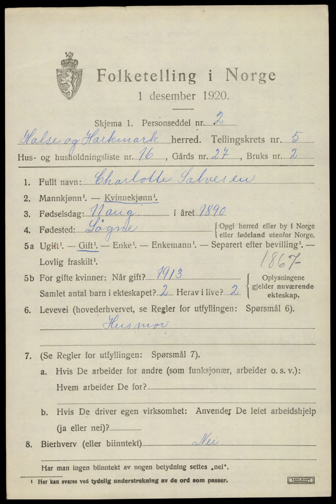 SAK, 1920 census for Halse og Harkmark, 1920, p. 3156