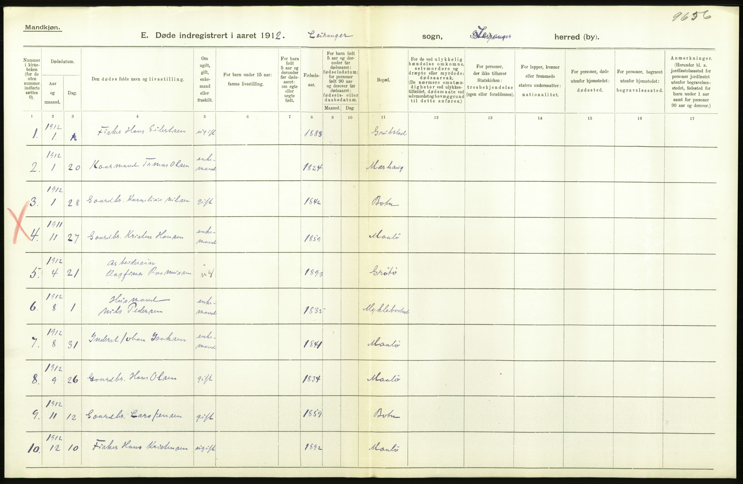 Statistisk sentralbyrå, Sosiodemografiske emner, Befolkning, AV/RA-S-2228/D/Df/Dfb/Dfbb/L0048: Nordlands amt: Døde, dødfødte. Bygder og byer., 1912, p. 232
