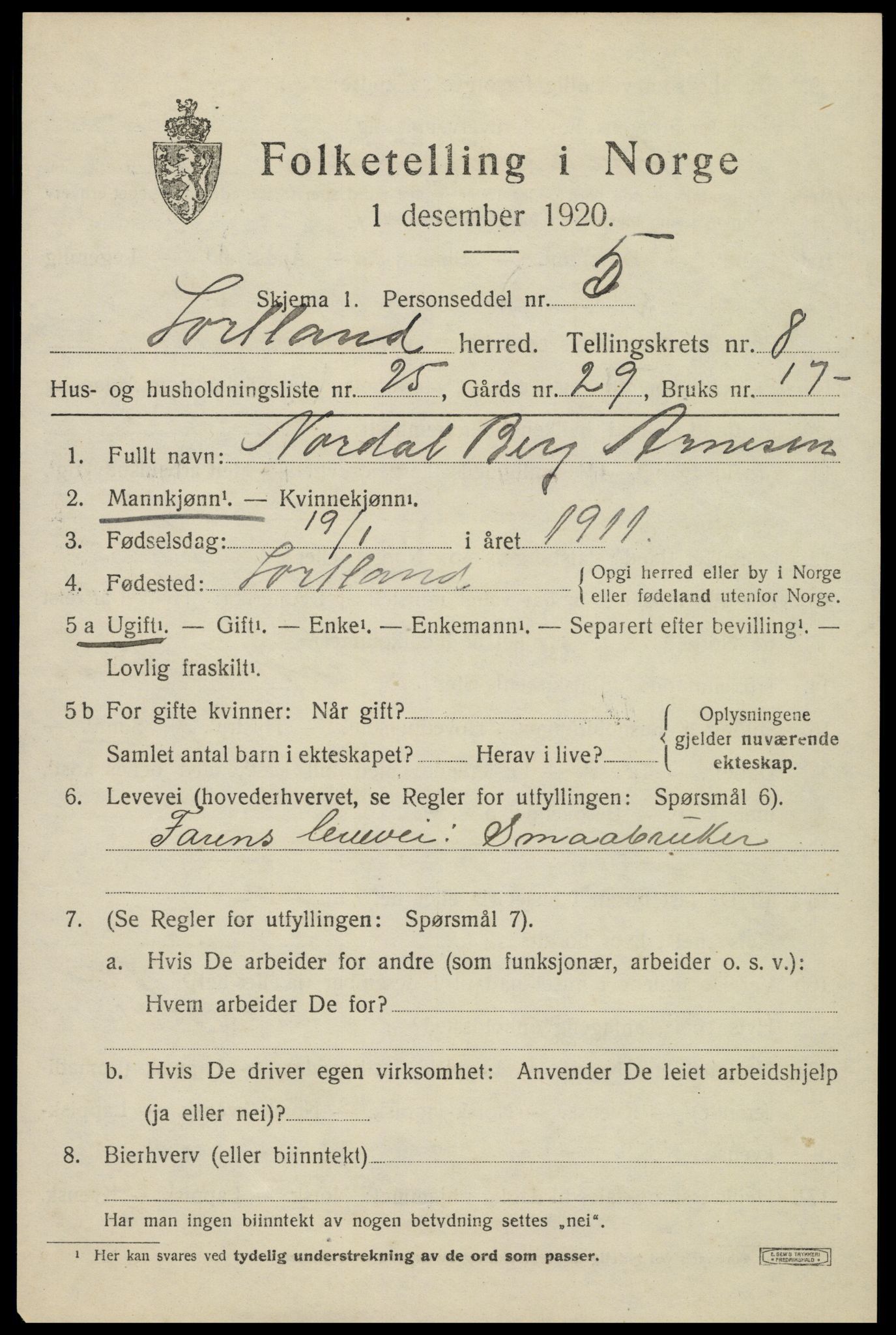 SAT, 1920 census for Sortland, 1920, p. 7122