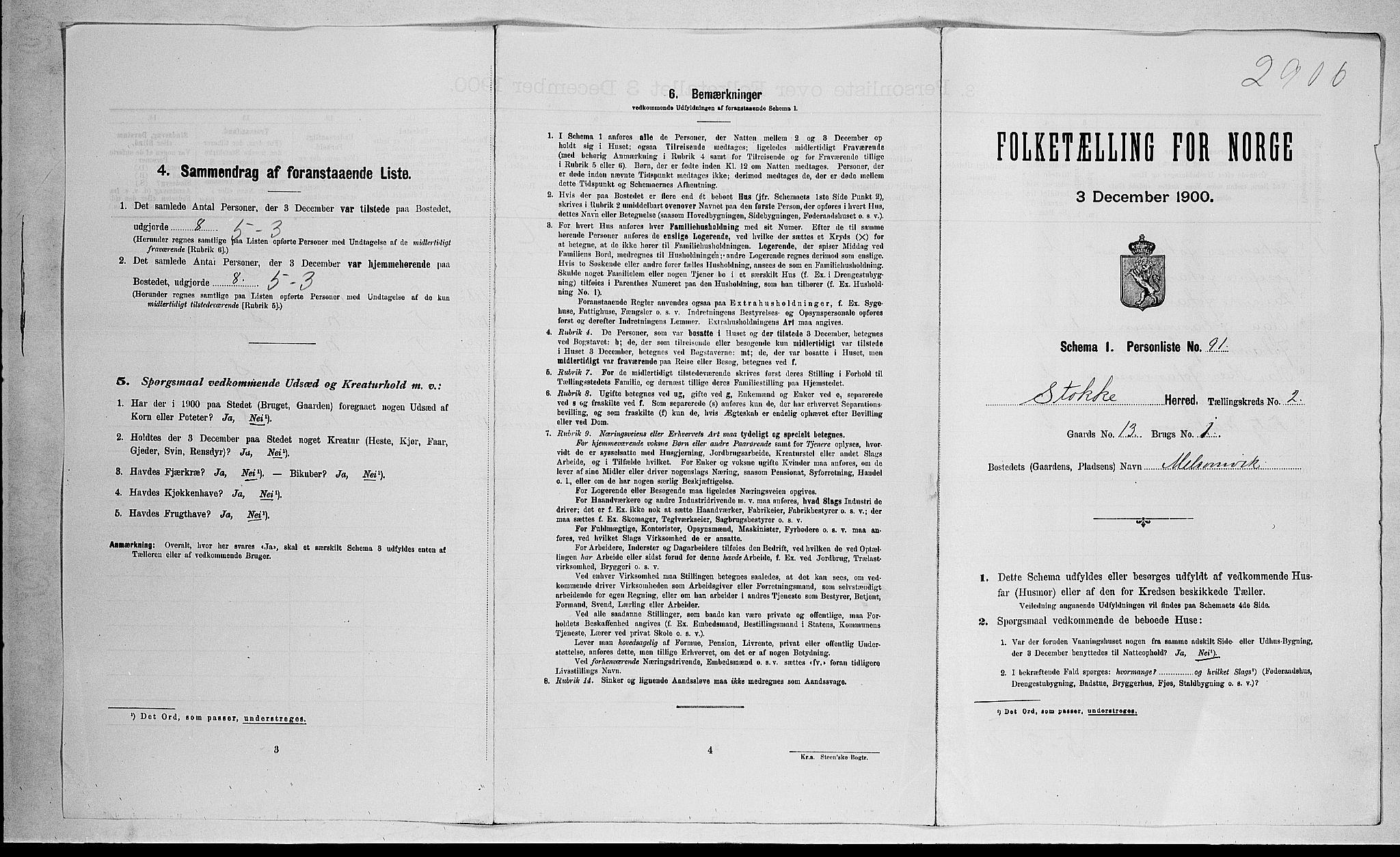 RA, 1900 census for Stokke, 1900, p. 543