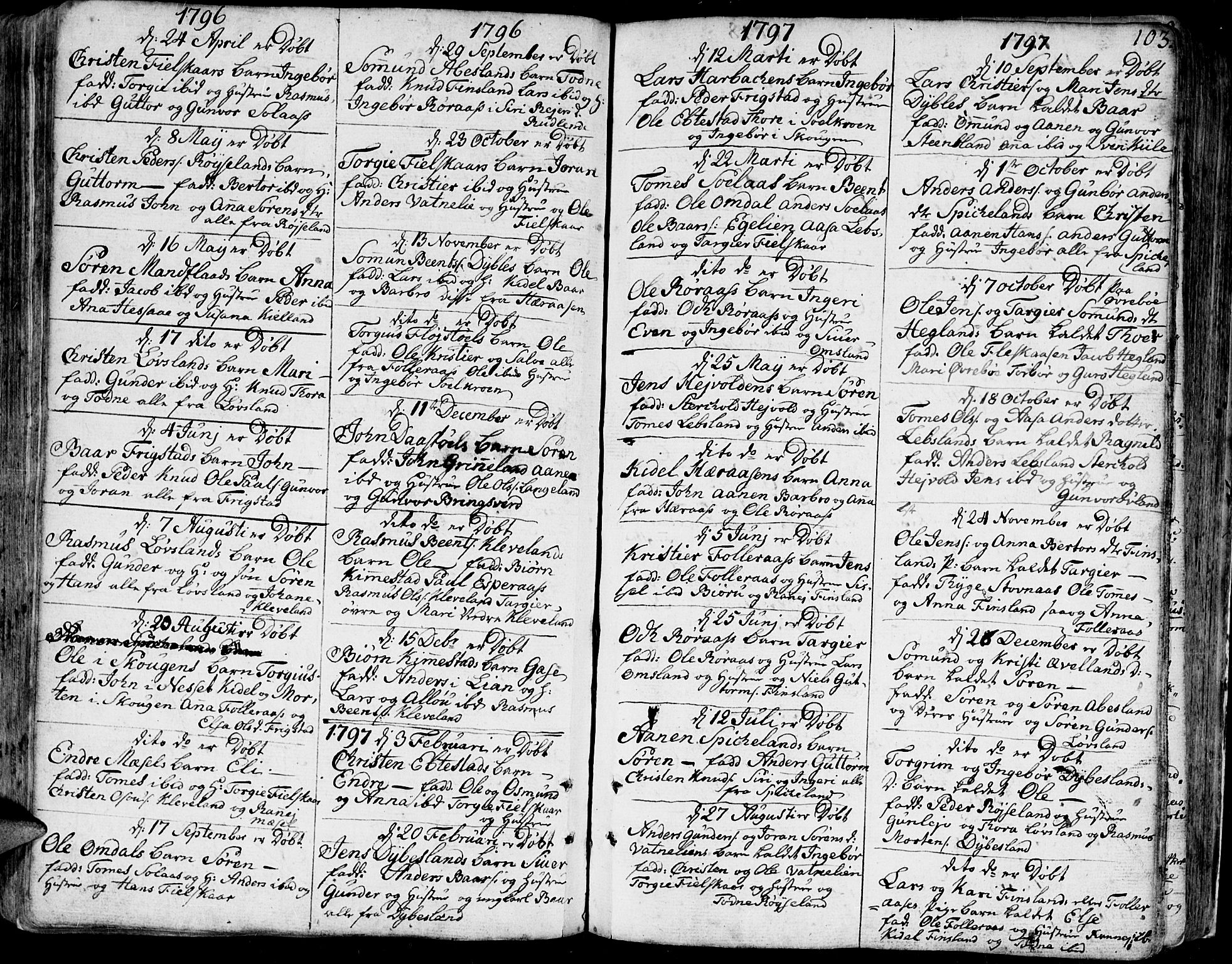 Bjelland sokneprestkontor, SAK/1111-0005/F/Fa/Faa/L0001: Parish register (official) no. A 1 /2, 1793-1815, p. 103