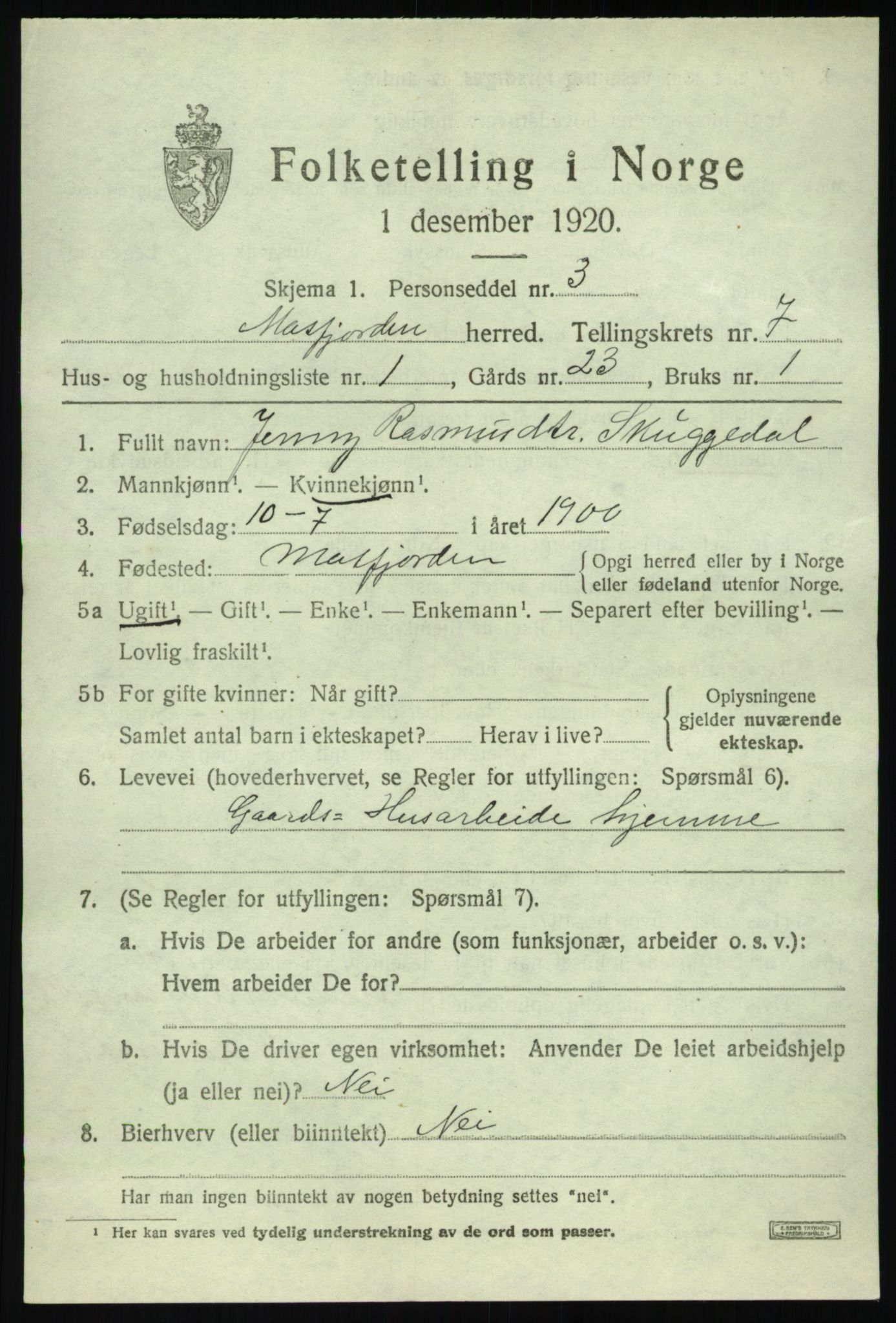 SAB, 1920 census for Masfjorden, 1920, p. 2633