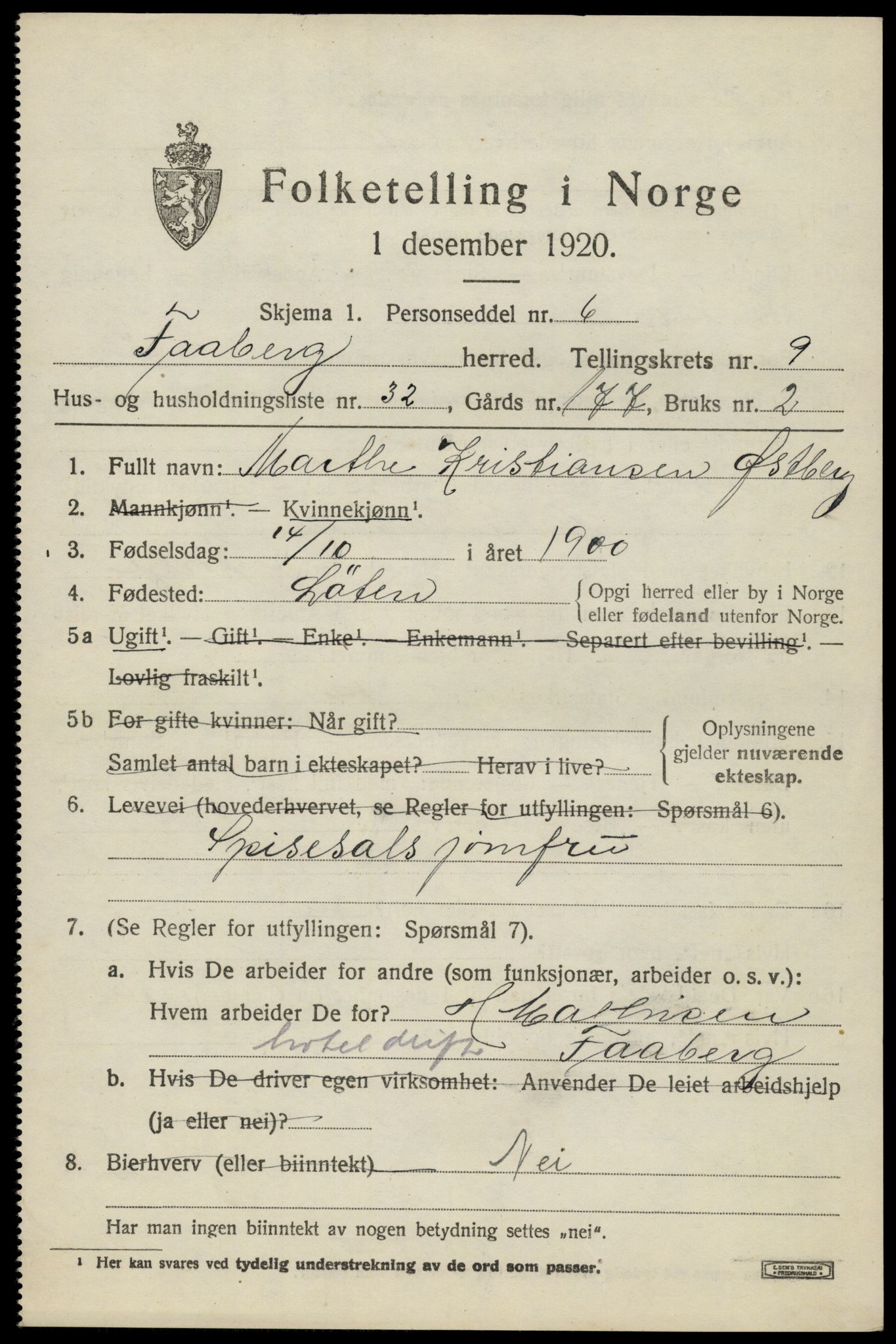 SAH, 1920 census for Fåberg, 1920, p. 10464