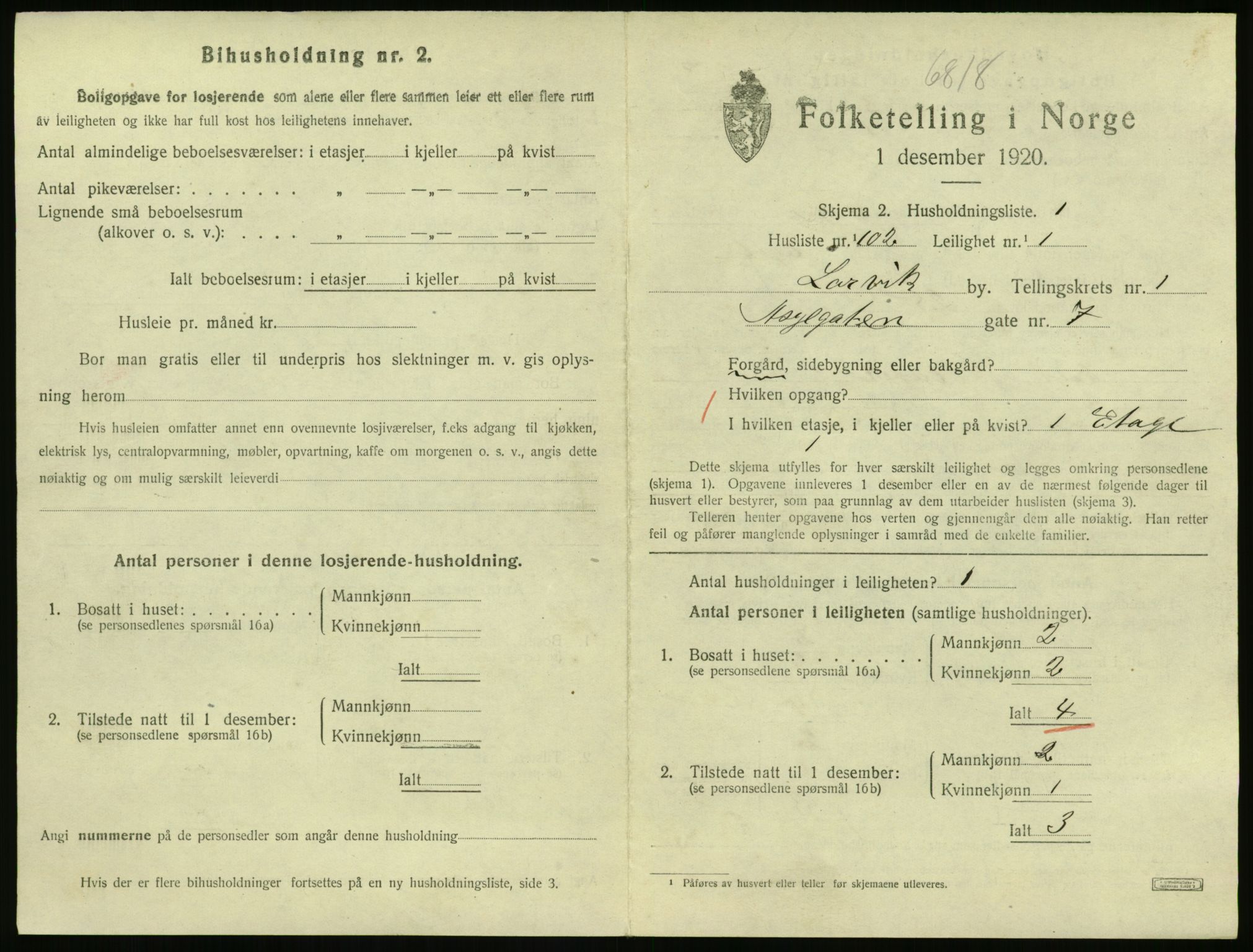 SAKO, 1920 census for Larvik, 1920, p. 3394