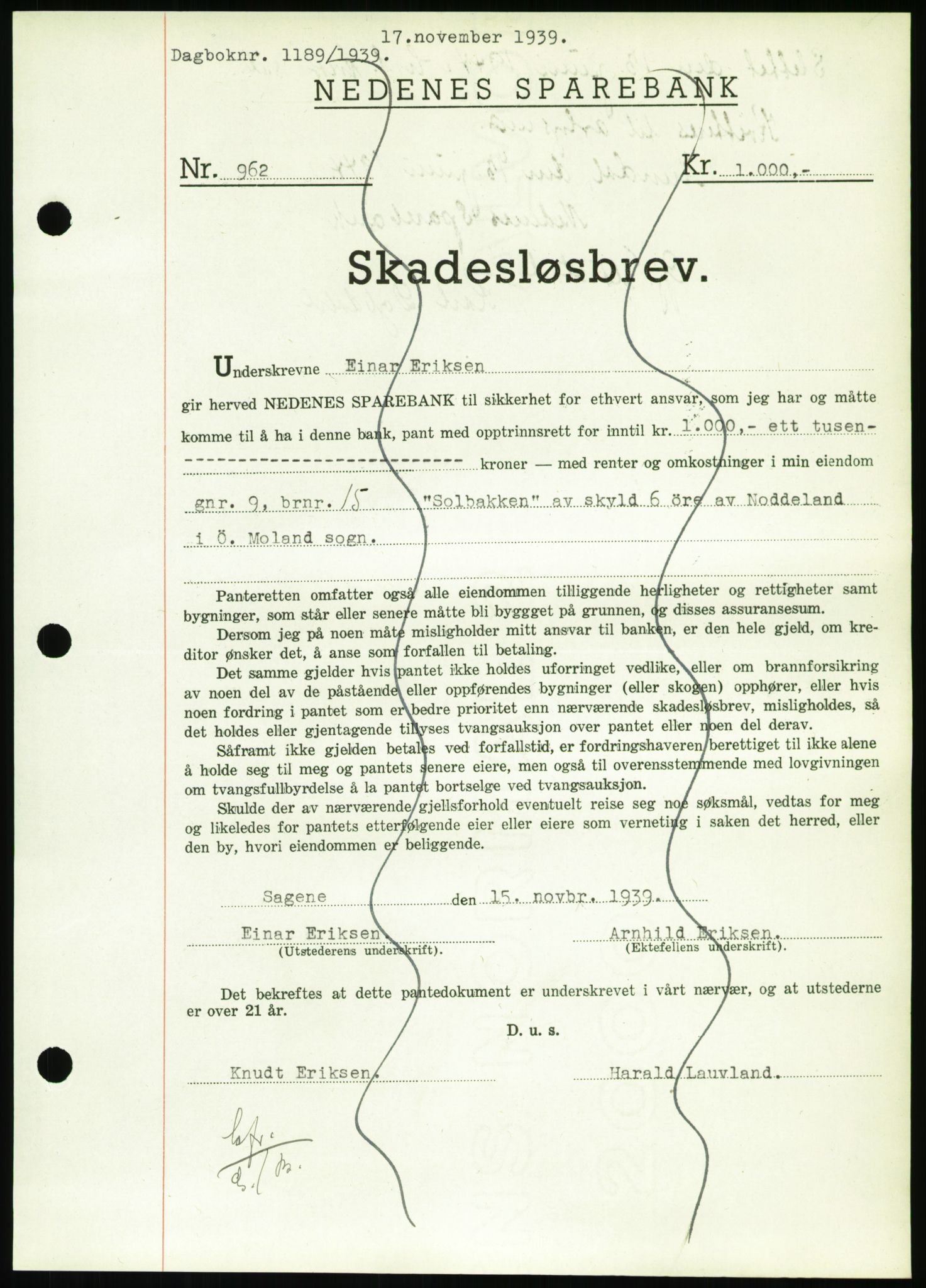 Nedenes sorenskriveri, AV/SAK-1221-0006/G/Gb/Gbb/L0001: Mortgage book no. I, 1939-1942, Diary no: : 1189/1939