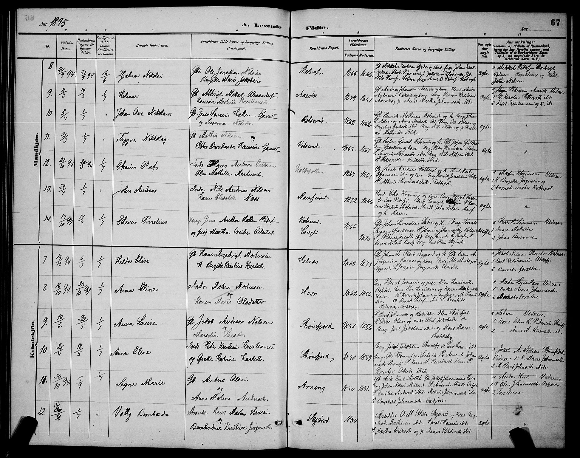 Skjervøy sokneprestkontor, AV/SATØ-S-1300/H/Ha/Hab/L0007klokker: Parish register (copy) no. 7, 1889-1899, p. 67