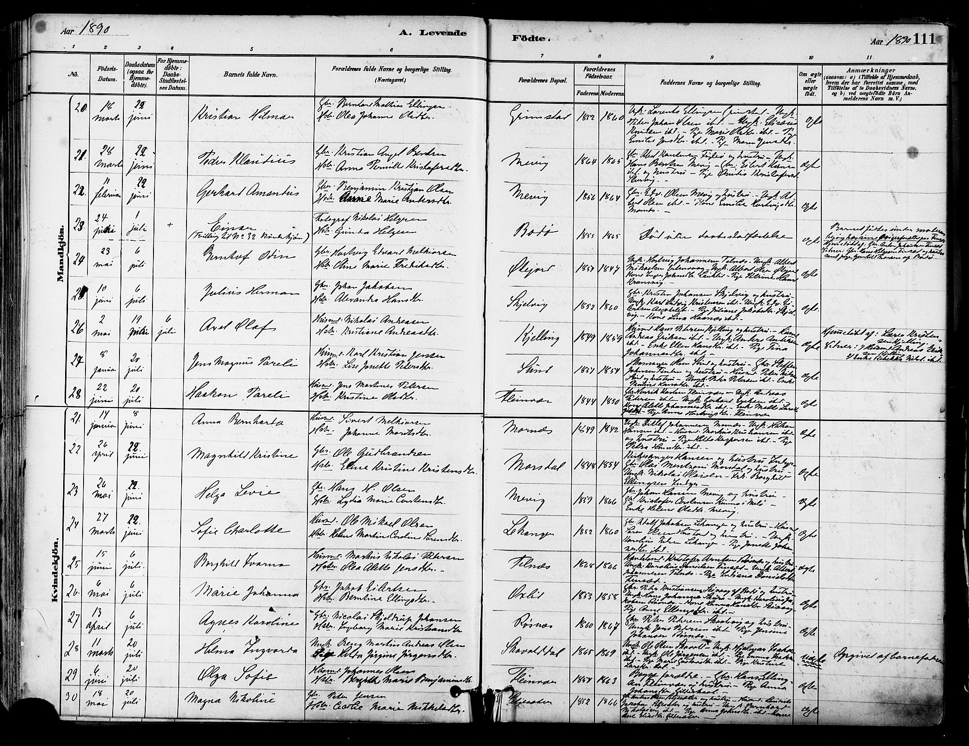 Ministerialprotokoller, klokkerbøker og fødselsregistre - Nordland, AV/SAT-A-1459/805/L0099: Parish register (official) no. 805A06, 1880-1891, p. 111