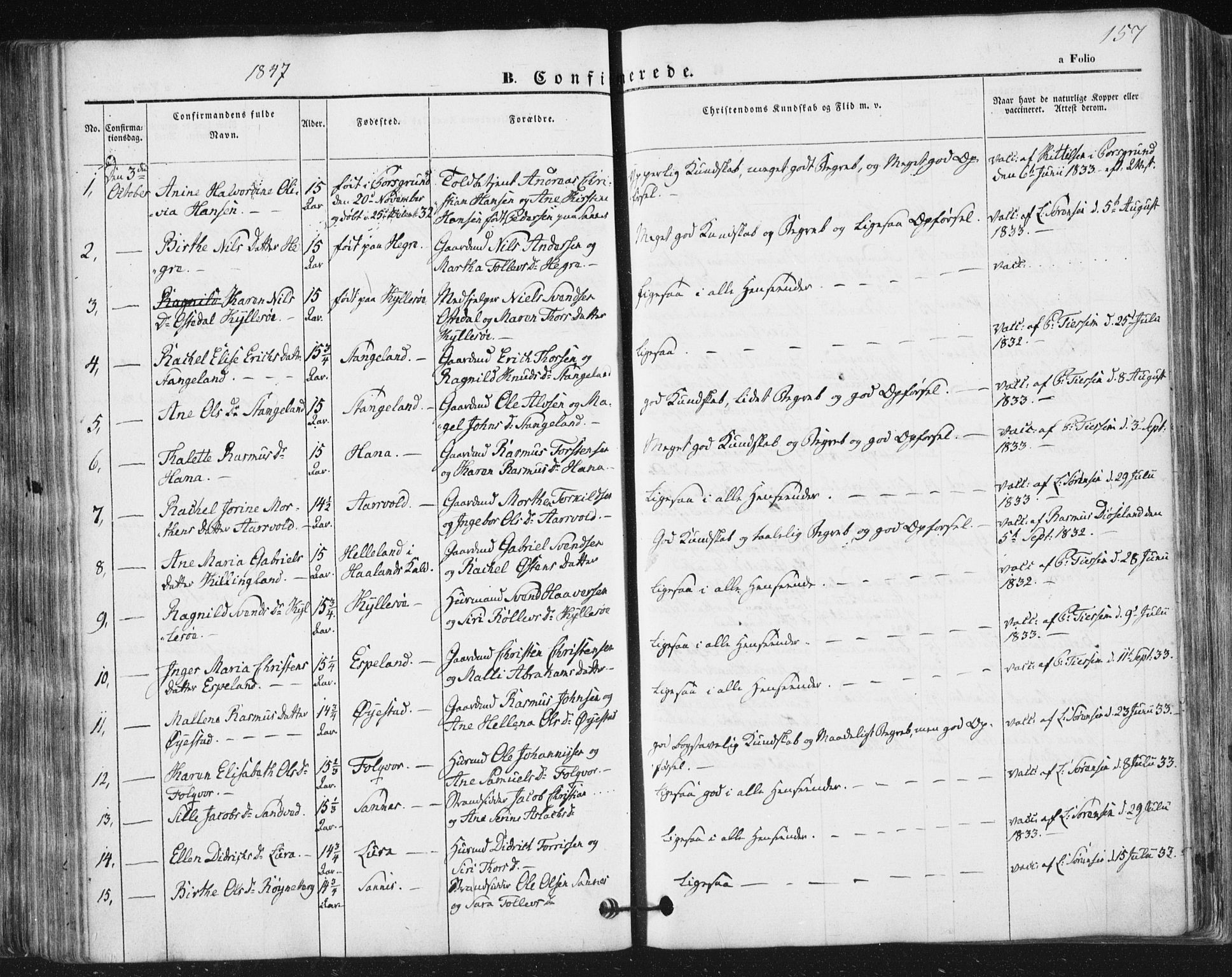 Høyland sokneprestkontor, AV/SAST-A-101799/001/30BA/L0008: Parish register (official) no. A 8, 1841-1856, p. 157